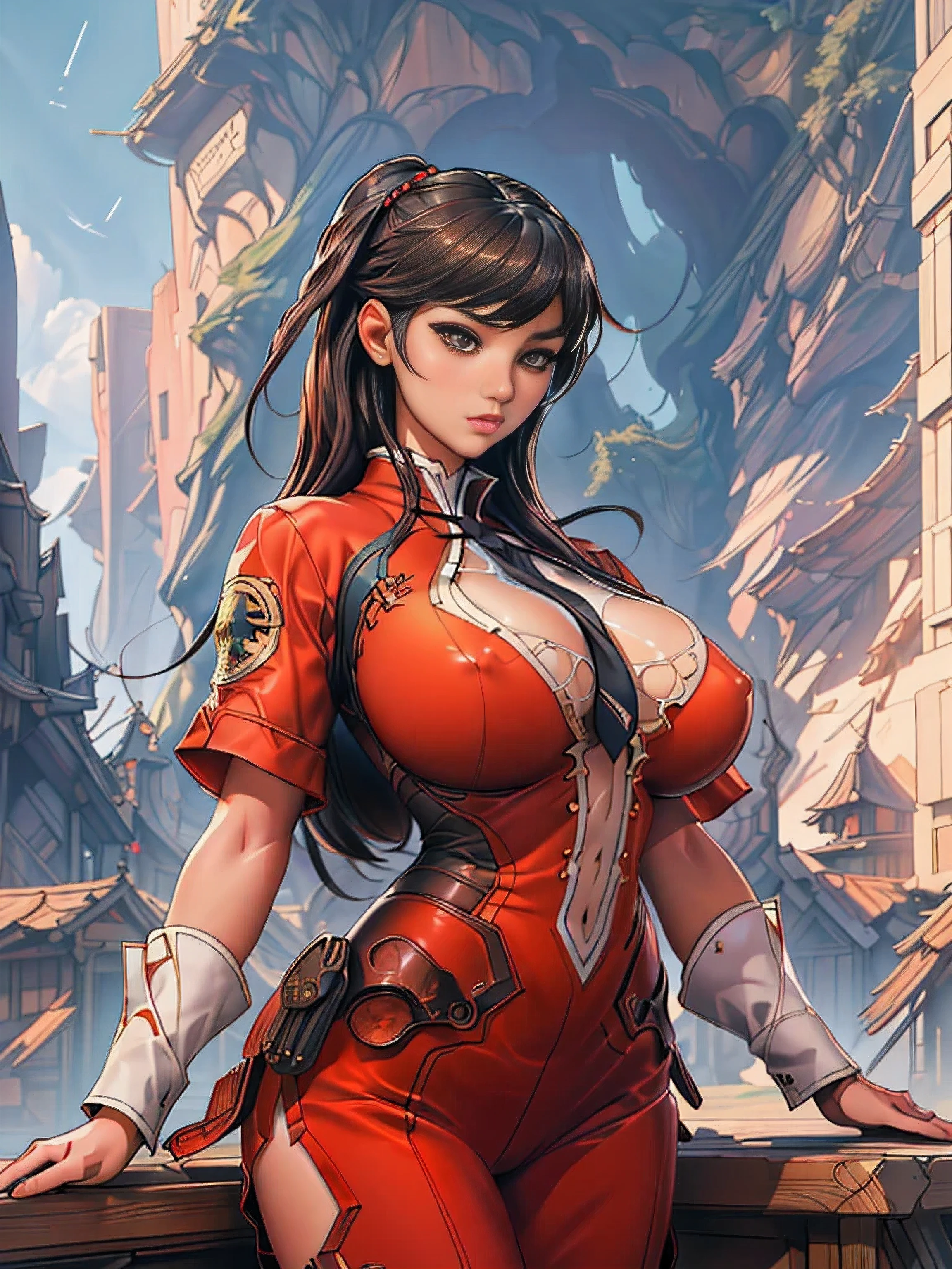 Incomparable masterpiece, ultra-realistic 8k CG, perfect artwork, ((perfect female image), (masterpiece), (best quality, highres, highly-detailed, illustration), anime girl in red shirt and black tie posing for a picture, (gigantic breasts:1.4), by Yang J, extremely detailed artgerm, rin tohsaka, artgerm jsc, artwork in the style of guweiz, beautiful digital artwork, artgerm. high detail, range murata and artgerm, style artgerm, ig model | artgerm