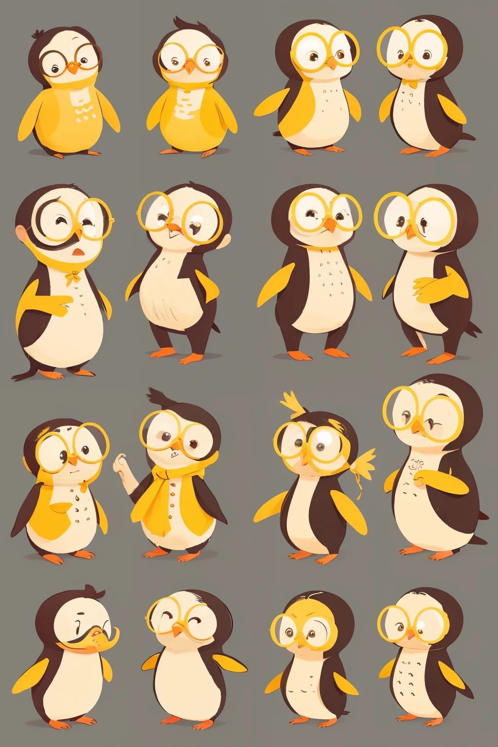 penguin with glasses、different7One Pose、yellow background、various poses、7 different postures