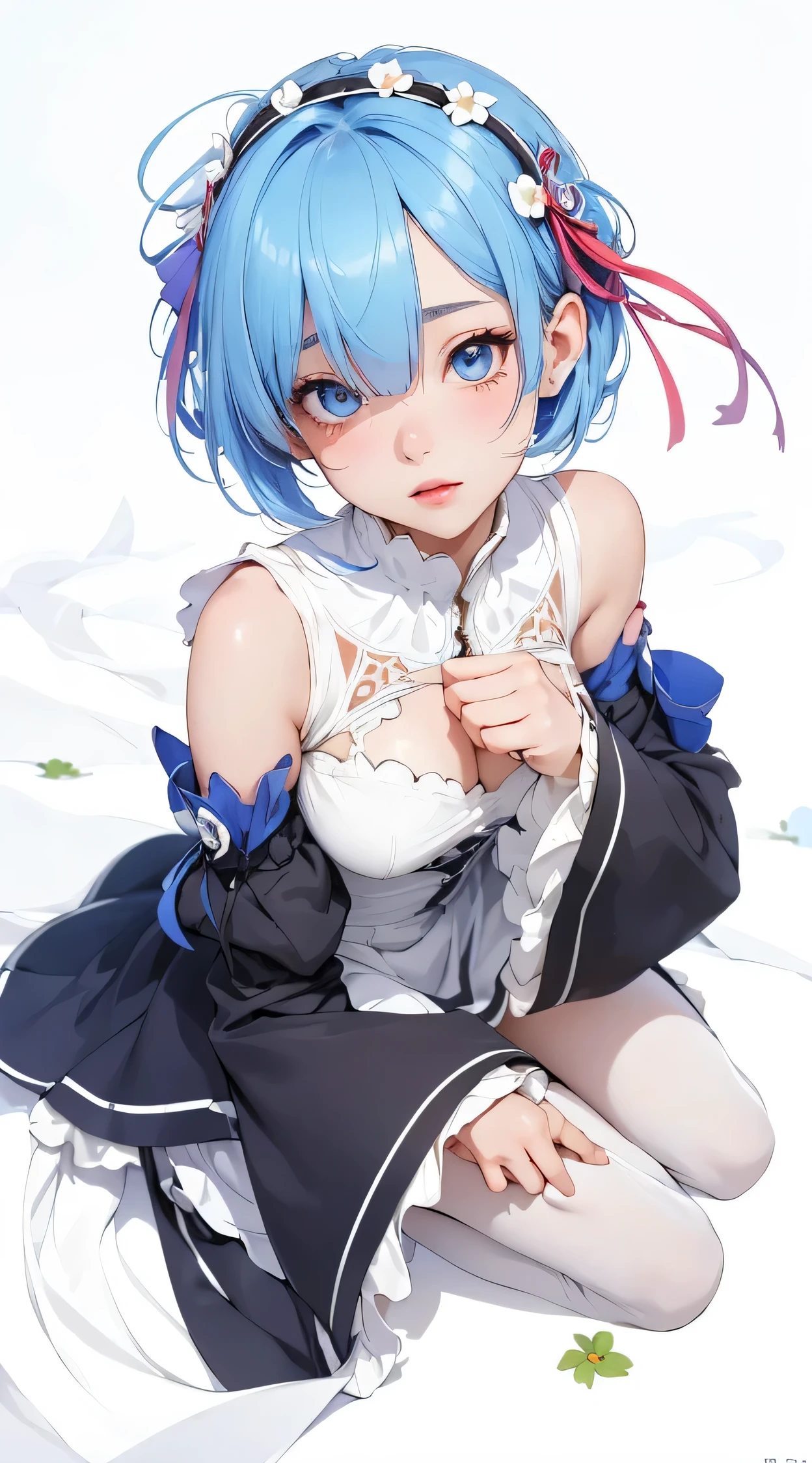 (best quality,4k,highres,masterpiece:1.2),ultra-detailed,realistic,hdr,anime,girl,blue hair,white dress,rem rezero,beautiful detailed eyes,beautiful detailed lips,sitting on the ground,wildflowers around her,sunlight filtering through the trees,peaceful atmosphere,vibrant colors,soft shadows,dreamy style