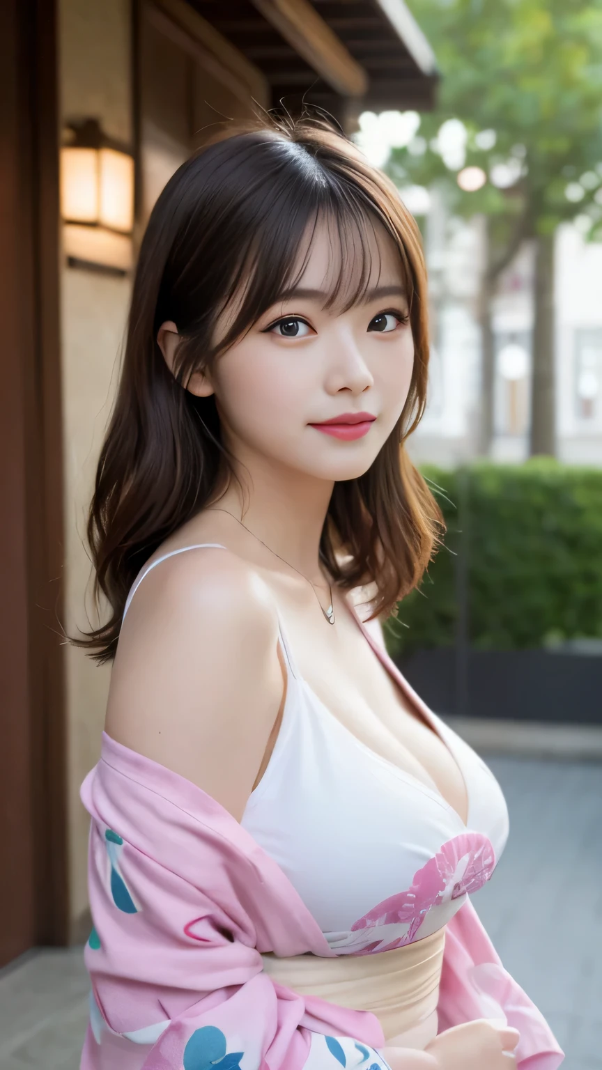 table top, highest quality, shape, Super detailed, finely, High resolution, 8k wallpaper, 完璧なダイナミックな構shape, finelyて美しい目, (table top:1.3, Photoreal:1.4, 8k), highest quality, masterpiece, 超High resolution, 完璧なダイナミックな構shape, Highly detailed skin and facial textures:1.3, detailed eye, Detail of limbs, summer evening,1 girl, Cute y 25 year old slim woman, Fair skin, ((Transparency:1.1)), ((Huge breat are about to burst:1.0, please'Don't show your areolas, havage:1.15)), ssing smile:0.9, completely enchants you:0.9), ((pink long sleeve yukata:1.3, Only the shoulders are exposed)), (beautiful blue eyes, Transparencyのある美しさのある目元に:0.85), sexy face:0.4, blush:1.1, taste of beautiful eroticism:0.85), professionaa work, Cultivate the effect of light, ((side shot)), ((Too erotic:0.9)), silver necklace