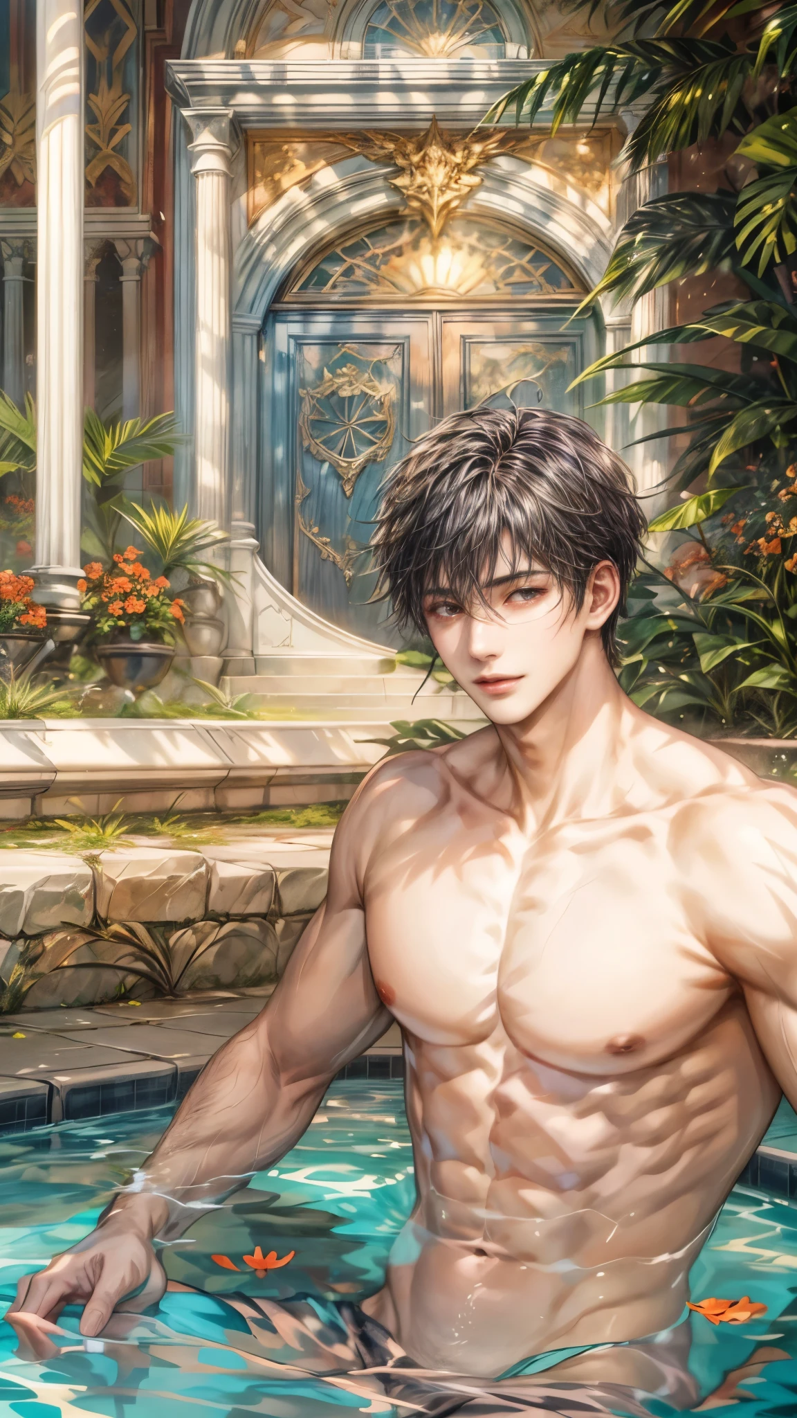 (absurdres, highres, ultra detailed, HDR), masterpiece, intricate, best quality, close-up portrait of a handsome anime character from ayashino ceres, short hair, original hair, captivating scene , boy enjoying a luxurious poolside. happy face, topless, Incorporate elements of nature, architecture, and the character's unique charm to create a visually stunning and immersive environment.