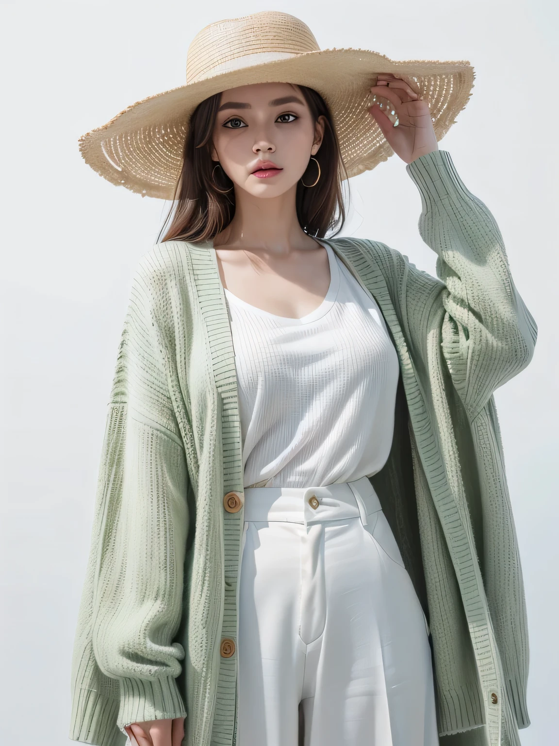 (8k, highest quality, High resolution, RAW photo, masterpiece :1.3), beautiful adult woman, long face, ((pure white background)), (Light Green Cardigan, oversized white shirt, wide pants, have), ((Accurately express details such as faces and skin textures)), wavy bob hair, take a pose