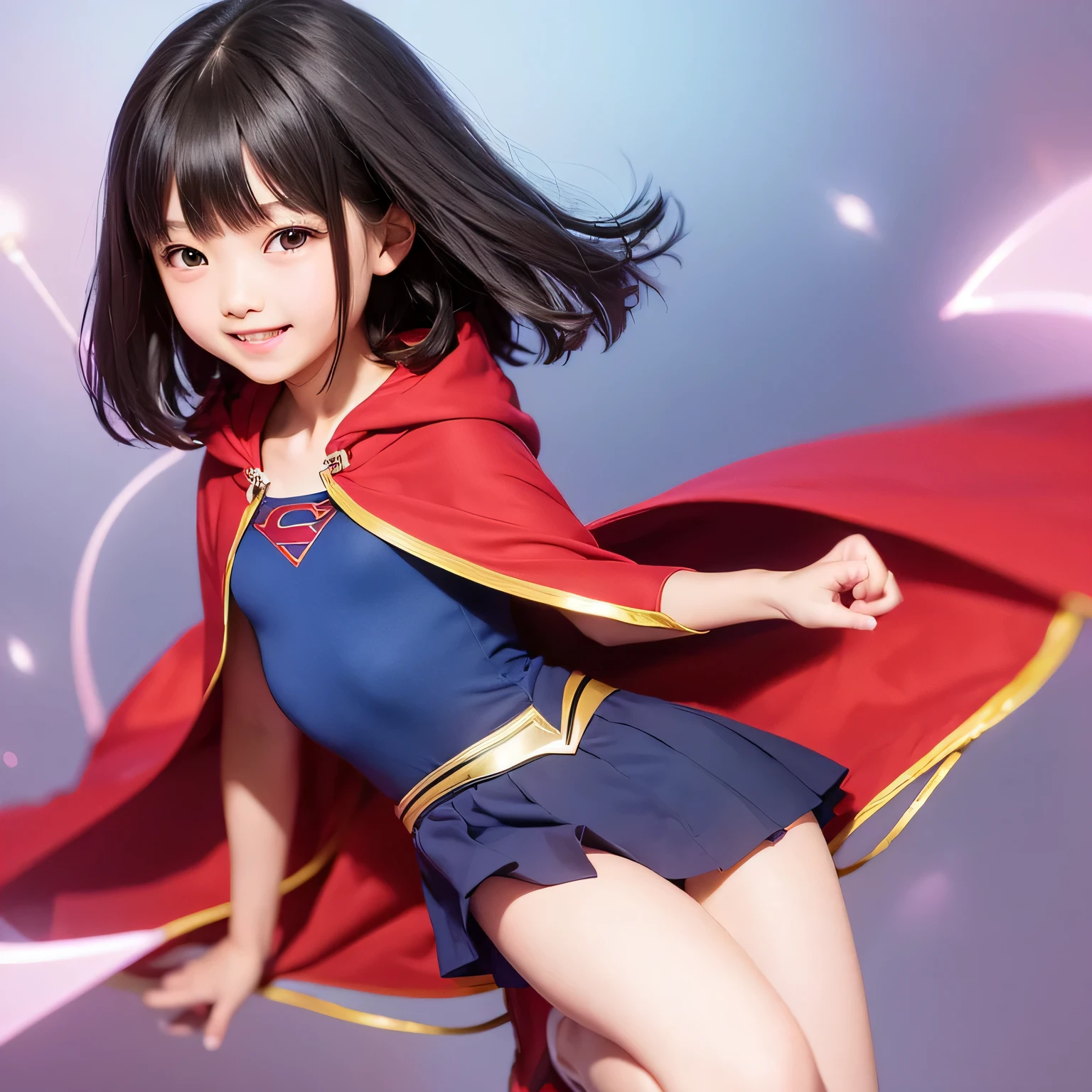 Easter piece where elementary school students wear Supergirl clothes、highest quality、Spreading black hair、bob cut with trimmed ends、(flat chest)、con、red cloak、short sleeve、pink heart shaped particles、space background、whole body、smile、High leg、thin crotch、Magic comes out of the hands