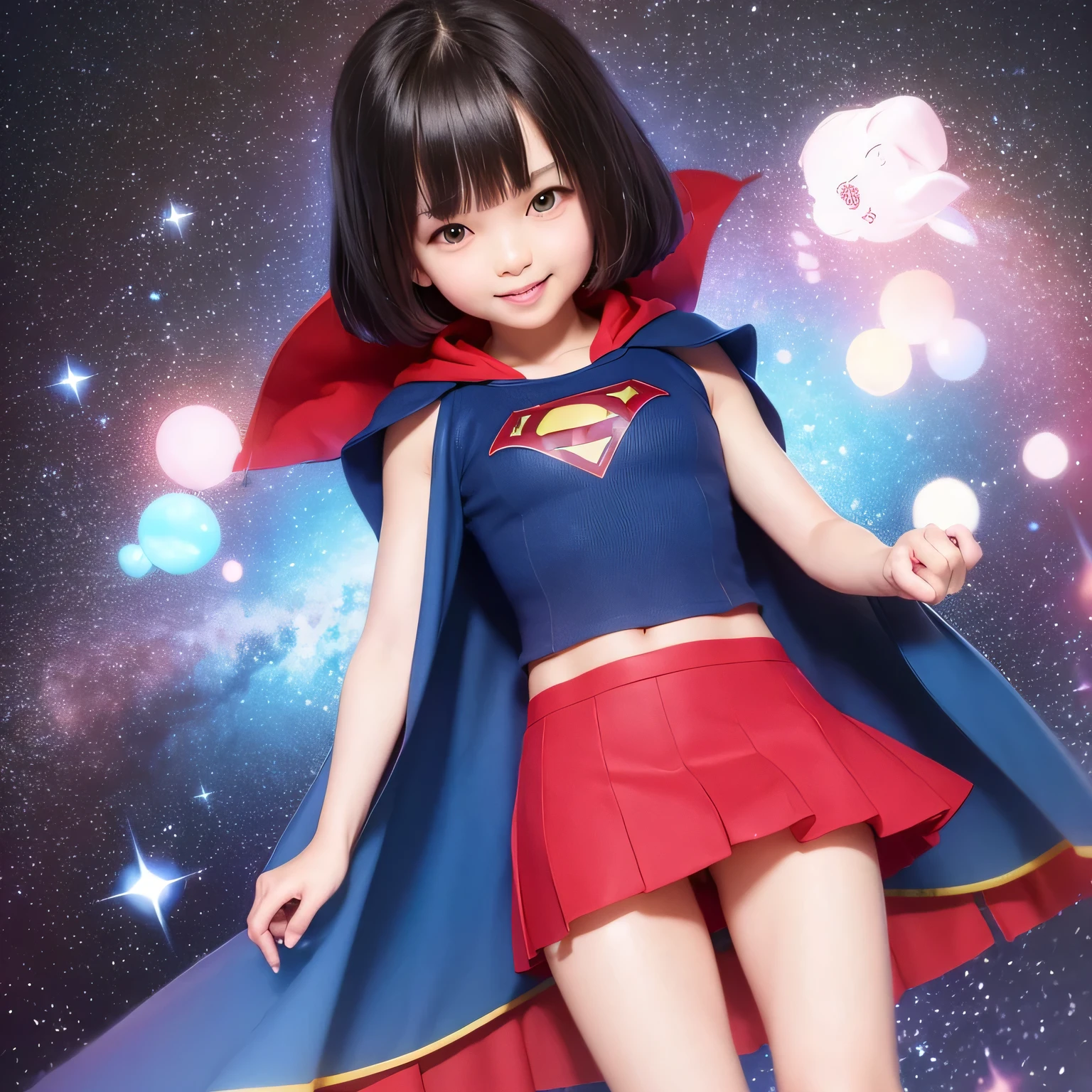 Easter piece where wear Supergirl clothes、highest quality、Spreading black hair、bob cut with trimmed ends、(flat chest)、lolicon、red cloak、short sleeve、pink heart shaped particles、space background、whole body、smile、High leg、thin crotch、Magic comes out of the hands