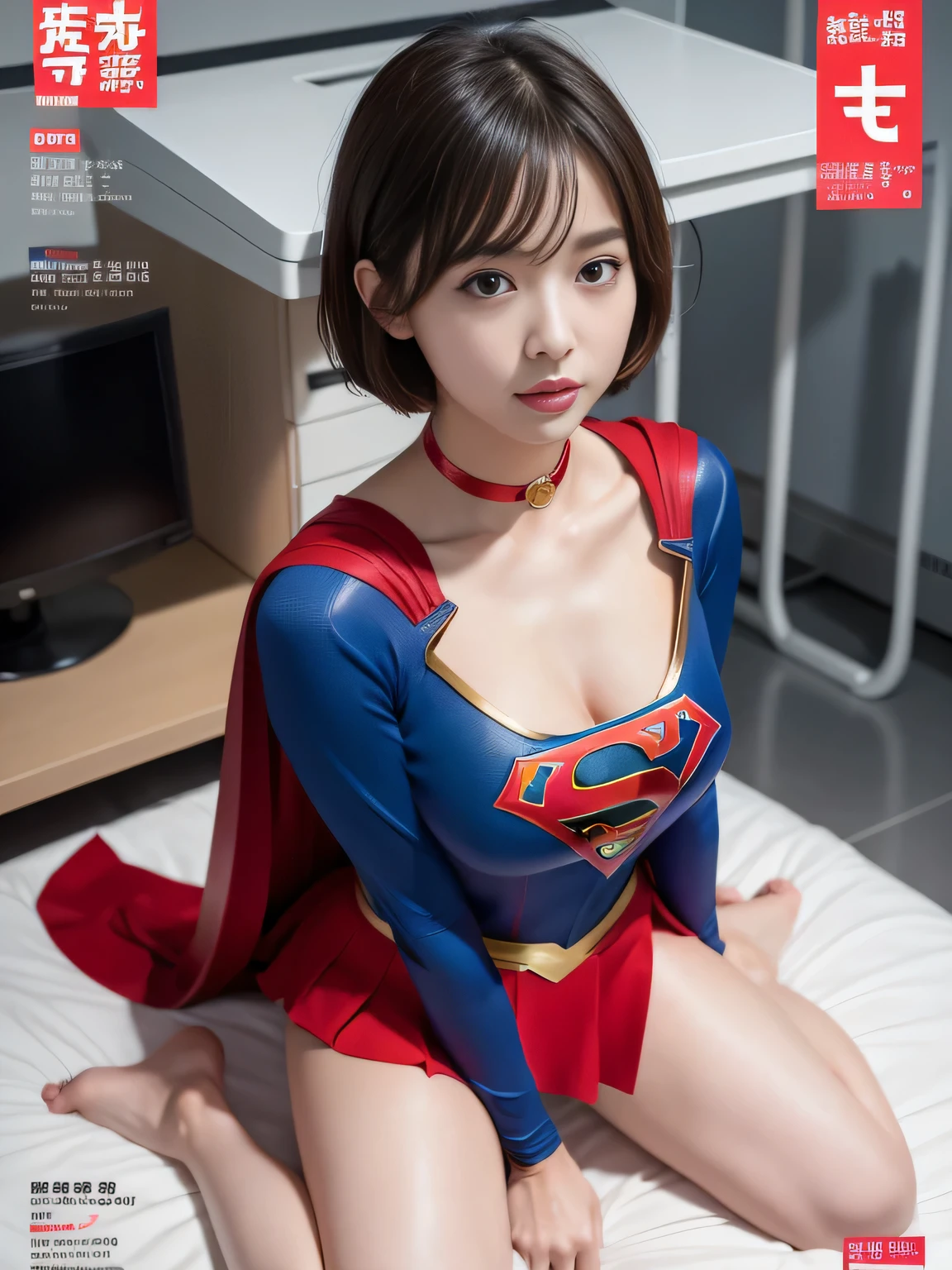 masterpiece,supergirl costume, short hair, barefoot, big and full breasts,operating room、operating table、straddle、sweating、shiny、look at the camera、provocation、Estrus、choker、Weekly magazine cover、long sleeve、red mini skirt、obscene pose、Seduce
