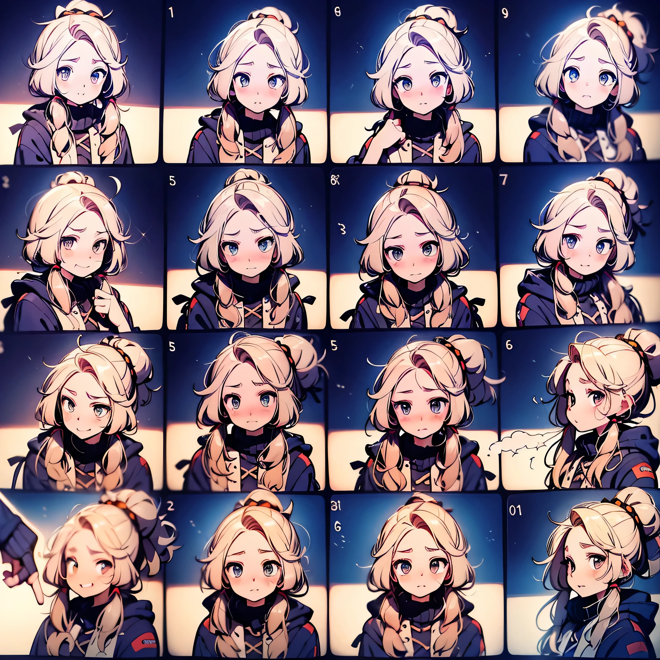 1 cute girl，9 grids，9 emoji packs，9 poses and expressions，Disney  style，Black strokes，Different emotions，8K