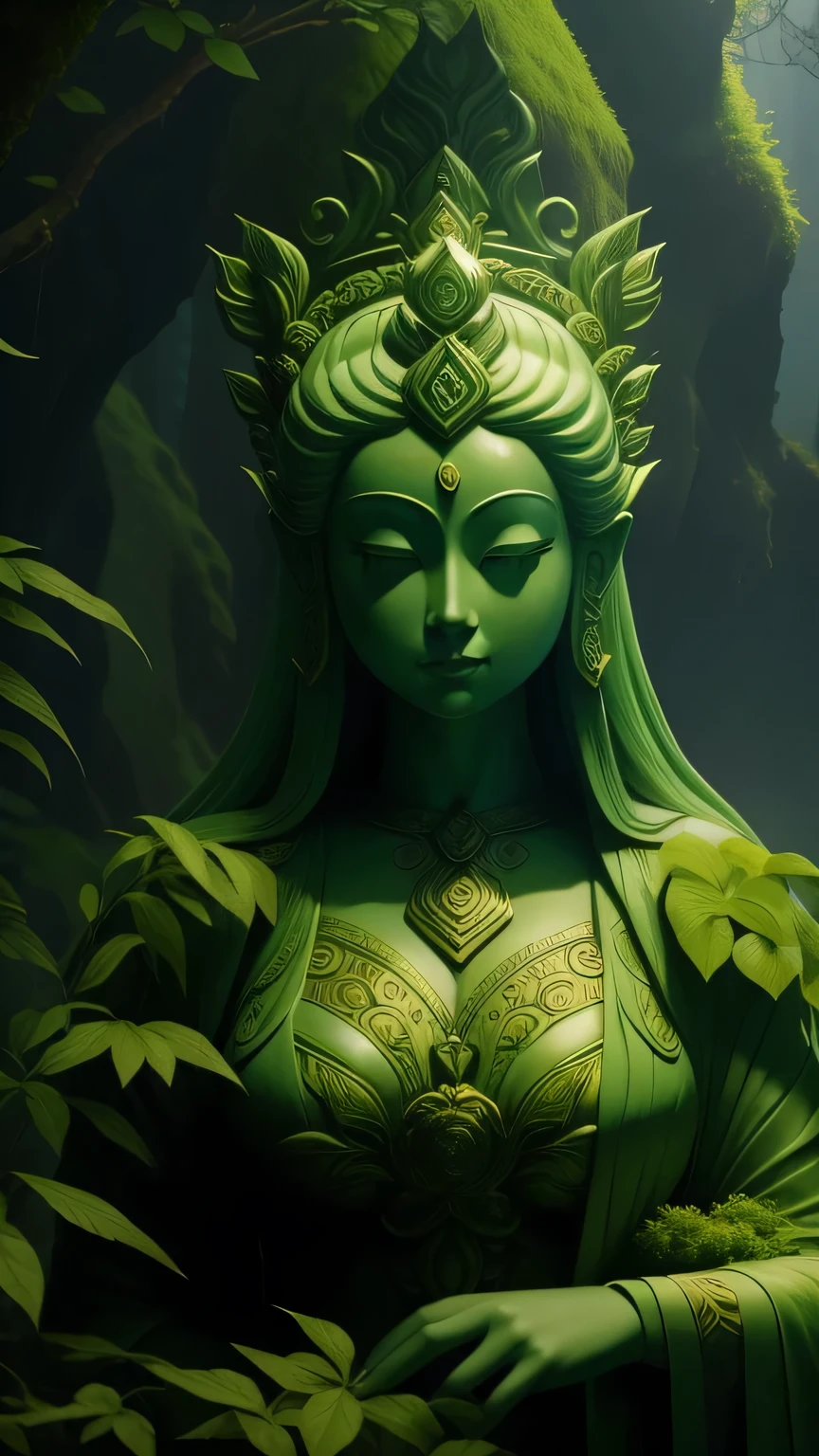 Goddess of the mossy earth，myth, nature女神, nature女神, Guanyin, Fantasy movie stills, Movie goddess close-up, Goddess of the jungle, Movie goddess shooting, nature, 南海Guanyin, woman made of plants, mother earth, The shooting details of the goddess are very good，green statue，green overlooks the green cliff tops below，green grass，The top of the mountain is flat，The cliff is carved with a statue of Maitreya Buddha，beautiful，fresh air，cloud，intricate details，16k，Rich in details，realistically，Special effect，green，Light，Holographic display，Upper body effect