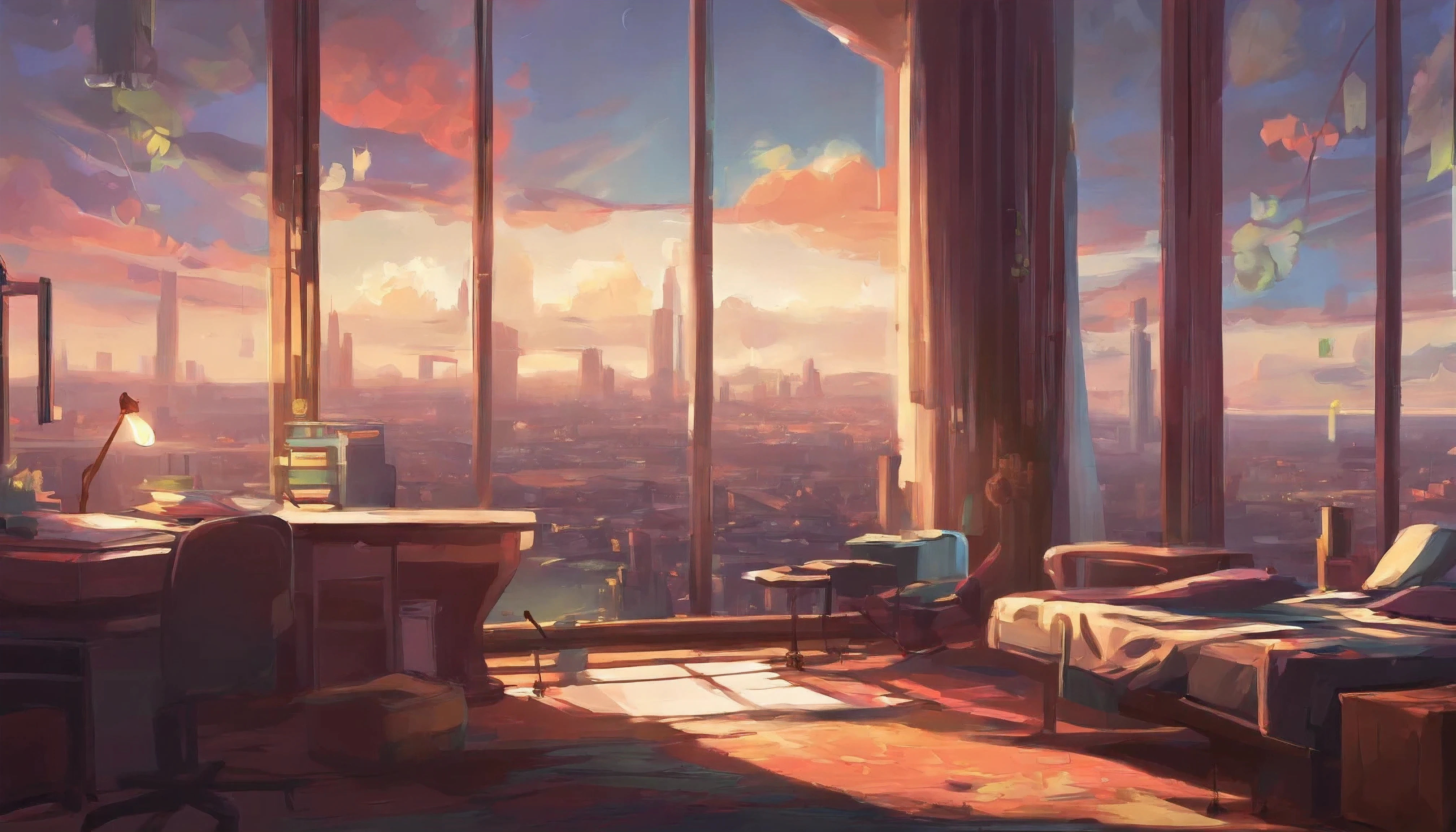 An illustration of a room with a city view, um quarto de um artista vivo e animado que faz o seu melhor, multado detalhado, aconchegante, quarto limpo e limpo