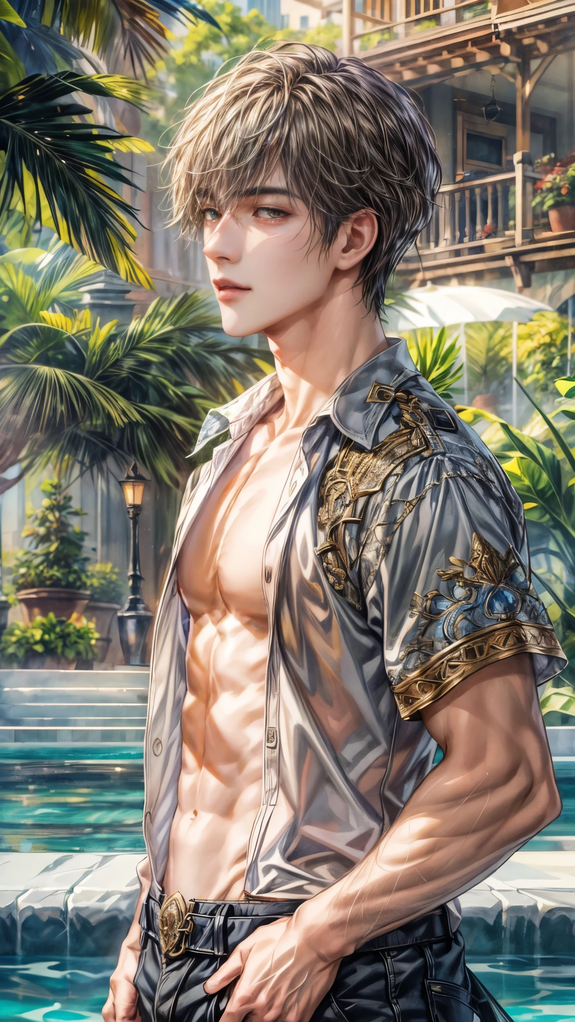 (absurdres, highres, ultra detailed, HDR), masterpiece, intricate, best quality, close-up portrait of a handsome anime character from ayashino ceres, short hair, original hair, captivating scene , boy enjoying a luxurious poolside. happy face, topless, Incorporate elements of nature, architecture, and the character's unique charm to create a visually stunning and immersive environment.