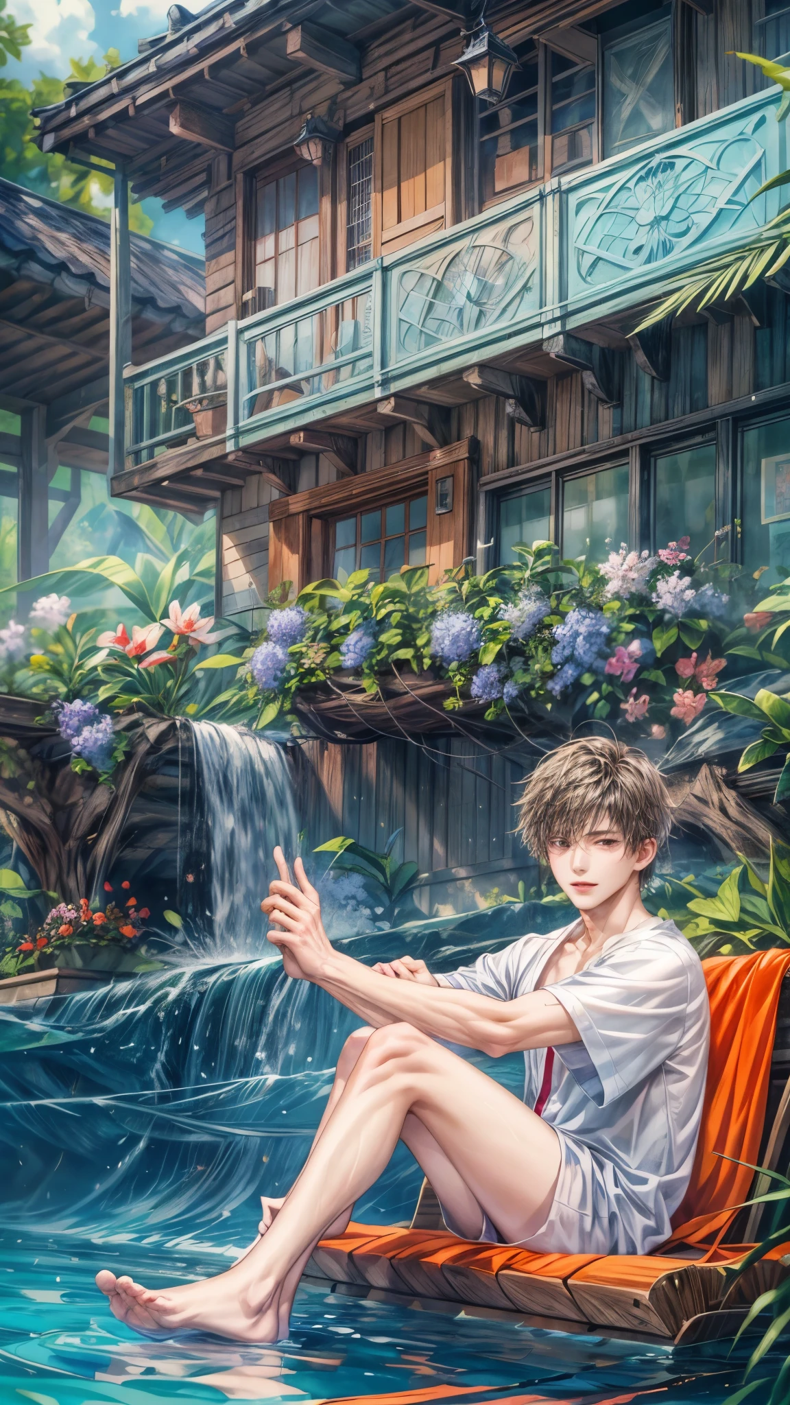 (absurdres, highres, ultra detailed, HDR), masterpiece, intricate, best quality, close-up portrait of a handsome anime character from ayashino ceres, short hair, original hair, captivating scene , boy enjoying a luxurious poolside. happy face, topless, Incorporate elements of nature, architecture, and the character's unique charm to create a visually stunning and immersive environment.