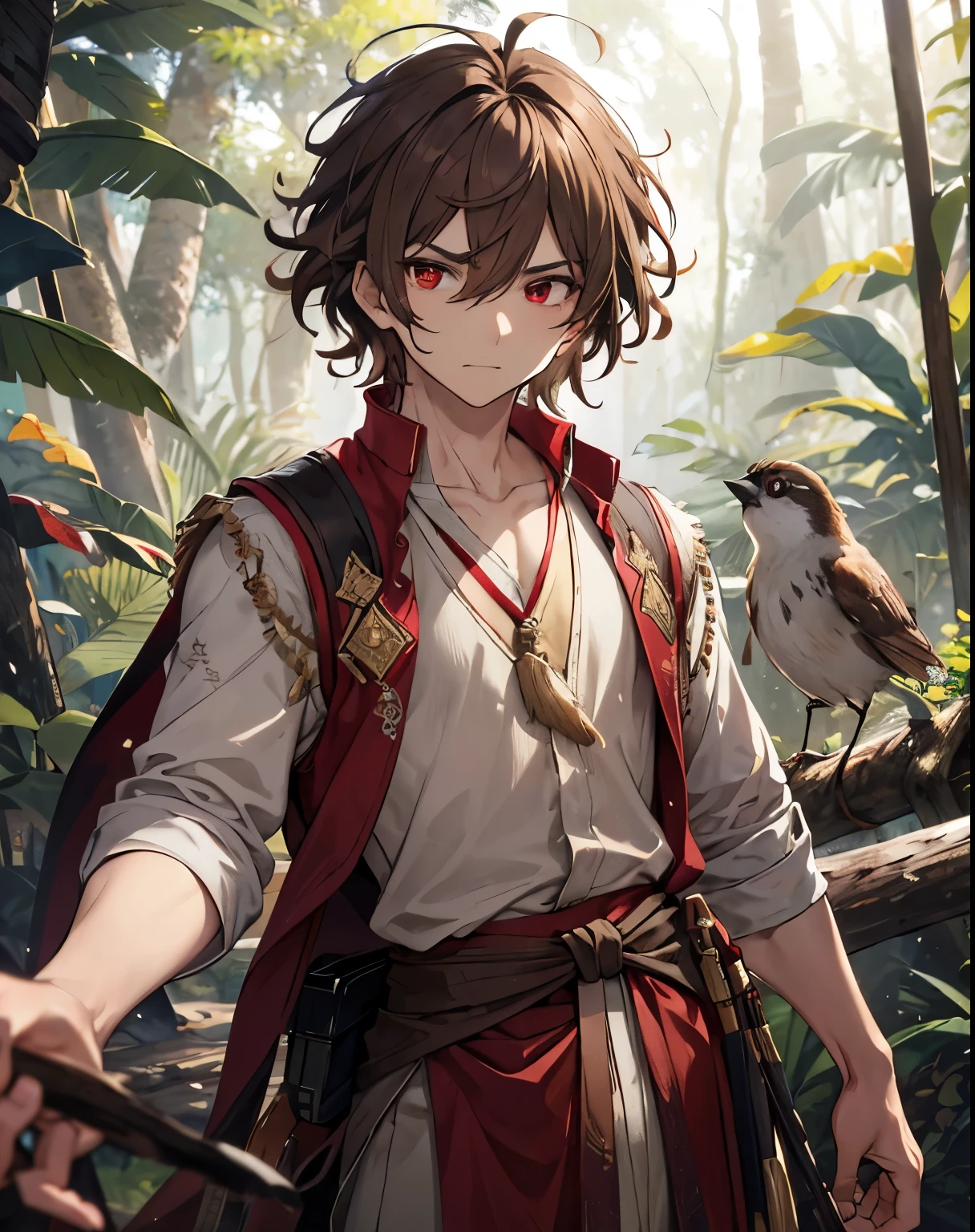 masterpiece, 1men, sparrow, a brown haired men, wearing an javanese medieval villager clothes, curly medium hair, messy hair, slim body, wearing adventurer clothes, he close her left eye, shirt ornament, angry expression, red eyes, stand at forest,