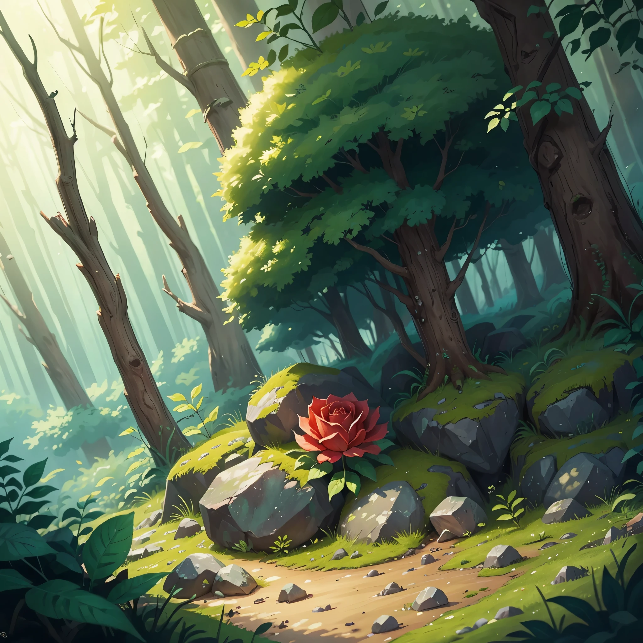 in the forest,There are roses growing next to the little stones
