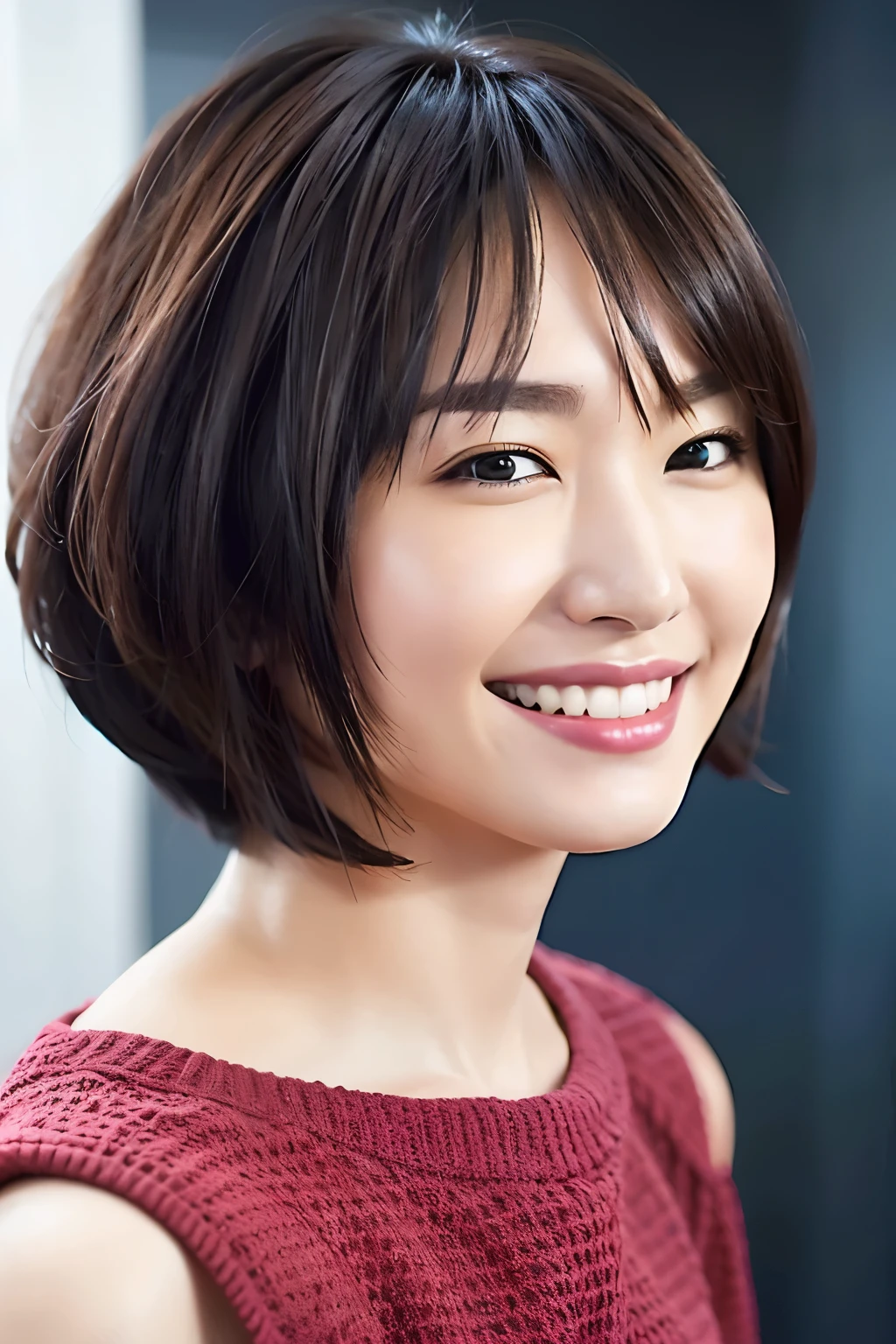 An Asian woman in her 20s, (beautifully radiant smile:1.3), (short bob hairstyle:1.5), is depicted in this image. (perfect quality:1.4), (masterpiece:1.1), (ultra-high resolution:1.2), captures every detail of her expression and features. She is wearing a simple yet elegant outfit - a blouse and a pair of dark blue pants. The color of her hair is black, sleek and not too long. The genuine joy spread across her face lights up the scene, making for a truly captivating image. (realistic rendering:1.4), (detailed texturing:1