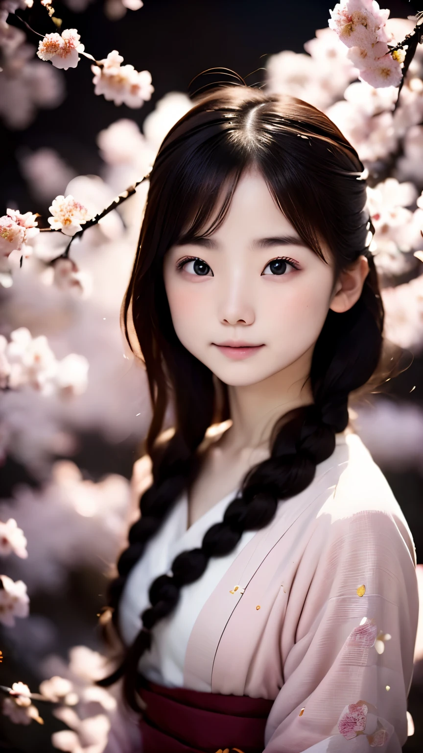 (((palemoonが背景:1.3、pale、moon、at night)))、one girl、１６talent、anatomy、small face、small、small鼻、Pale pink eyes、Loosely braided low ponytail、brown hair、small breasts、beautiful kimono、yamato nadeshiko、random pose、Yoshino cherry tree、beautiful cherry blossoms、highest quality、High resolution、High resolution、cinematic lighting、professional photographer