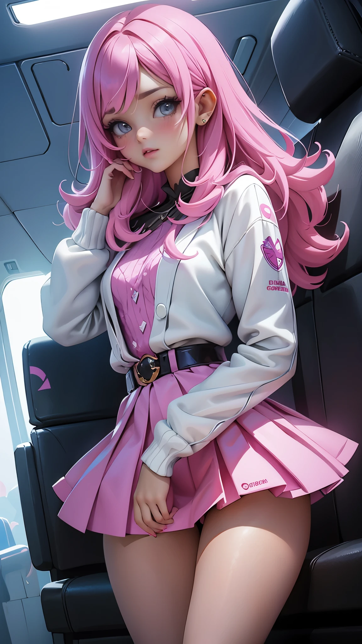 (Mejor calidad, high resolution, ultra sharp), (beautiful magical girl:1.2).karol G azafata . de pie, vista de cuerpo completo, piernas largas. Unique style, de pie, cuello largo, cabeza grande, cabello exagerado, esponjoso hair, Small pieces, exaggerated expression, surrealista, Duck egg pink sweater with small polka dots., Detalles, cabello de caballo pink, esponjoso, medias, fondo magico, estilo dibujado a mano,pencil drawing,hermoso, fluid lines, clean and sharp contours, Clean composition, peinado zentangle, Arte deco, zentangle, crujido 3d, cinematographic,,( ciberpunk 2.1), (background inside a plane:1.4), (airplane seats in the aisle :1.4), (dedos detailed:1.4), (mostrando bragas minifalda azafata :1.4), (minifalda colegiala blue azafata :1.4), (tiene mini top color pink azafata ), (dedos detailed:1.4), (perfect anatomy), (sobrecargo rusa azafata:1.4) 