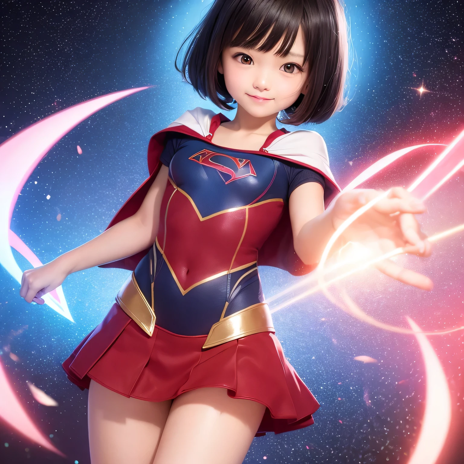 Elementary school students dressed as Supergirl.A masterpiece without a cape、Highest quality、Spreading black hair、bob cut with trimmed ends、(Flat Chest)、Lolicon、Short sleeve、Pink heart shaped particles、Rooftop background with pool、whole body、smile、High Leg