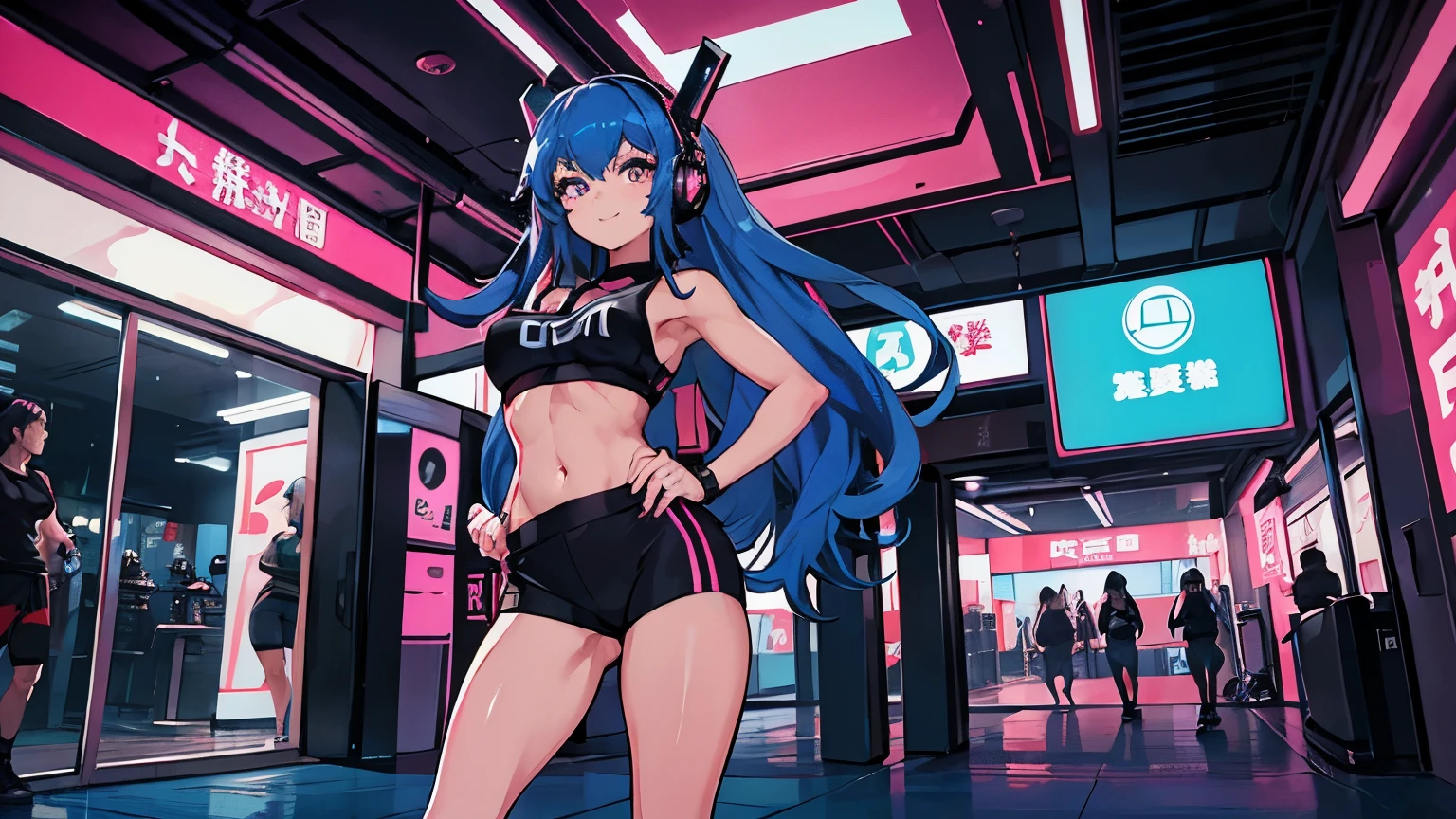 (highest quality), Angle from the front:1.2,1 female, alone, Shining school swimsuit,double big round eyes,two tone hair,((two side up)),red eyes, (black skin),blush,smile, (open chest:1.1),Cyberpunk world,dynamic composition,Big breasts,Socks above the knee,Psychedelic color scheme,Iridescent background,rabbit ear headphones,turbo in the back,machine legs,rainbow colored screen,((cockpit of a complex machine)),look far away,(armor in the shape of a hoodie),Have a game controller,A composition that seems to draw you in