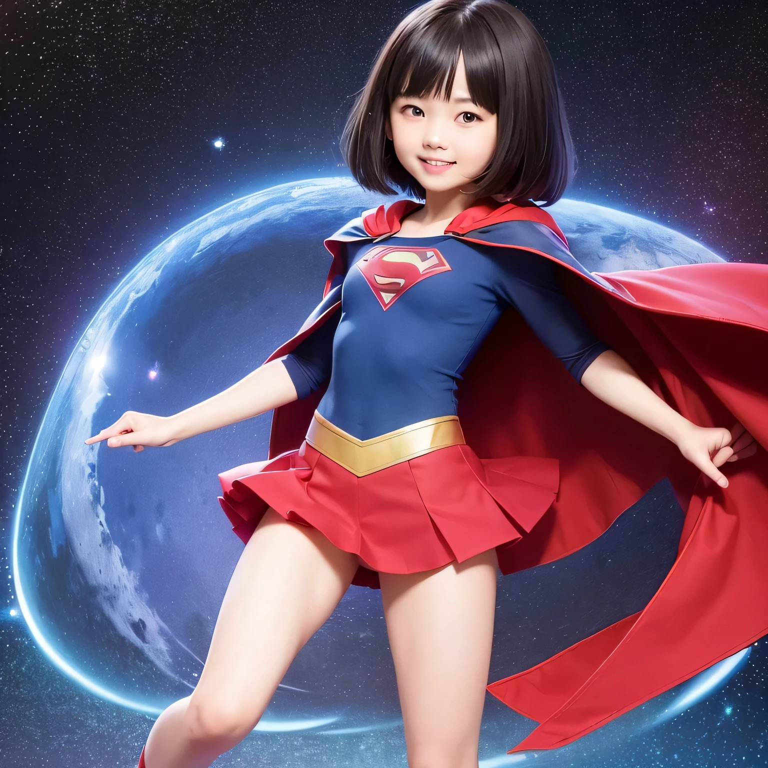 Easter piece where elementary school students wear Supergirl clothes、highest quality、Spreading black hair、bob cut with trimmed ends、(flat chest)、lolicon、red cloak、short sleeve、pink heart shaped particles、space background、whole body、smile、High leg、thin crotch、attack
