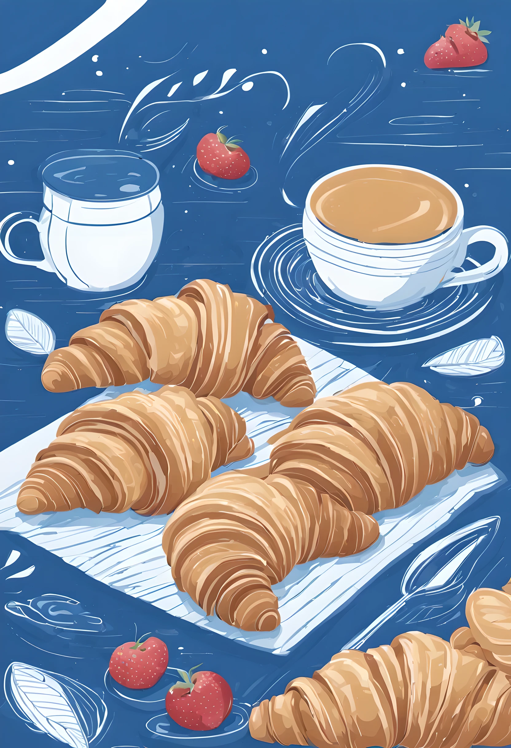 fundo com croissants ilustrado, linha e cores azuis