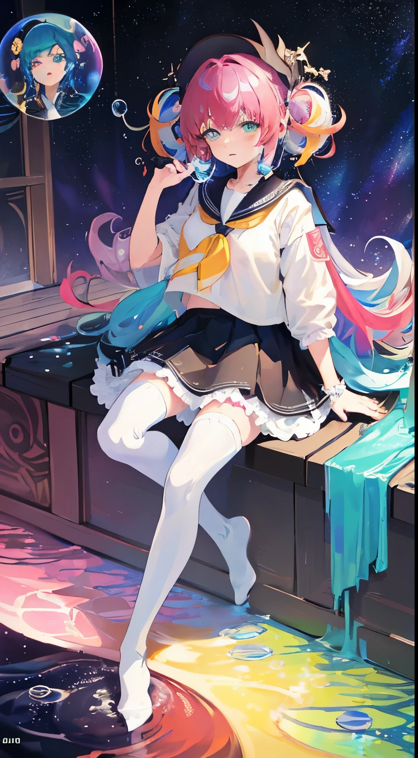 (masterpiece), (best quality), (official art, Extremely detailed CG unified 8k wallpaper), (Very detailed), ((Ridiculous)), 1 girl, medium shot, (Exquisite facial features),(Sefuku:1.3) ((SFW)),((clean hands)), ((White stockings without shoes)),aqua eyes, Color contact lenses, There are stars in the eyes, (((Colorful bubbles))), Multicolored Glass, (The album cover)