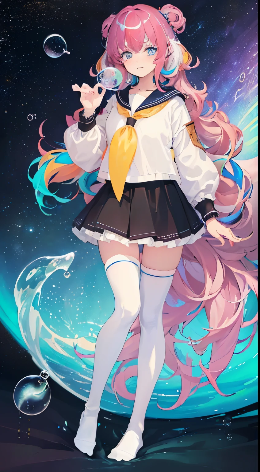 (masterpiece), (best quality), (official art, Extremely detailed CG unified 8k wallpaper), (Very detailed), ((Ridiculous)), 1 girl, medium shot, (Exquisite facial features),(Sefuku:1.3) ((SFW)),((clean hands)), ((White stockings without shoes)),aqua eyes, Color contact lenses, There are stars in the eyes, (((Colorful bubbles))), Multicolored Glass, (The album cover)