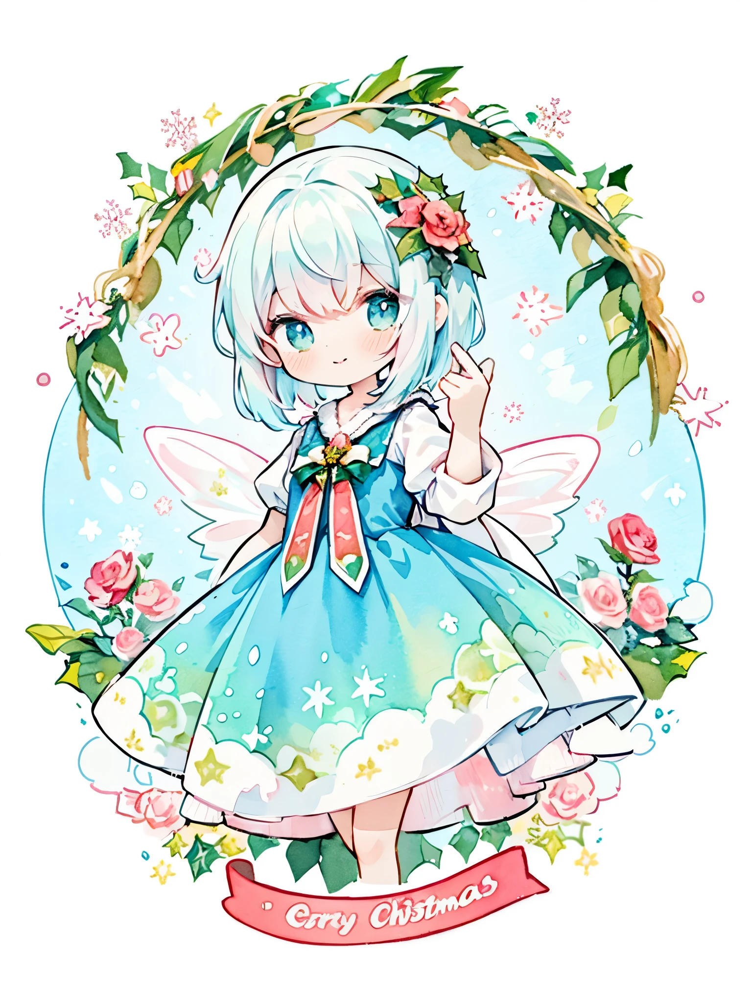 pastel color: 1.5), (Cute illustration: 1.5), (watercolor paiting: 1.2), snow white background, girl, The upper part of the body, Smile, pale white, Moya, marble, Colorful, jello, sweets, girl, christmas rose, christmas rose g'Beautiful girl, (christmas rose), Cute dress, christmas rose designed cloth, kirakira, Beautiful smile, Rose flower, christmas rose, Rose flower bouquet, Diagonal, Turn around a little, Floral ornament, Flower Fairy, corolla, A pink-haired, Pink costume, short-hair, Undulating hair