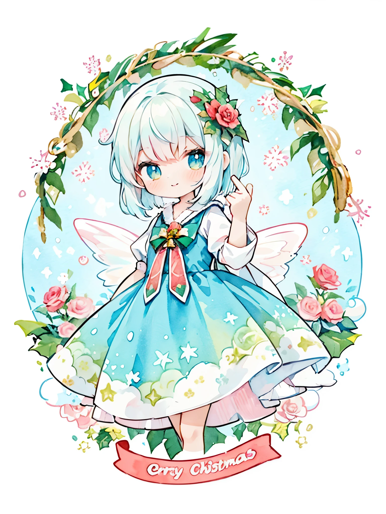 pastel color: 1.5), (Cute illustration: 1.5), (watercolor paiting: 1.2), snow white background, girl, The upper part of the body, Smile, pale white, Moya, marble, Colorful, jello, sweets, girl, christmas rose, christmas rose g'Beautiful girl, (christmas rose), Cute dress, christmas rose designed cloth, kirakira, Beautiful smile, Rose flower, christmas rose, Rose flower bouquet, Diagonal, Turn around a little, Floral ornament, Flower Fairy, corolla, A pink-haired, Pink costume, short-hair, Undulating hair