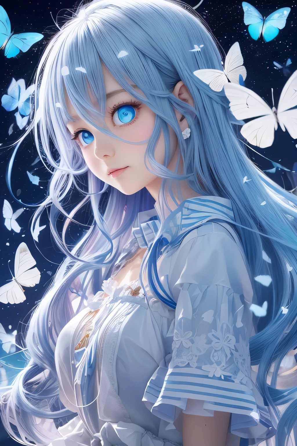 1 girl,light blue long hair,blue eyes,White clothes with blue decoration,many shining white butterflies, night sky, magic light,high fantasy,anime art wallpaper 4k, beautiful anime artwork, beautiful anime art, beautiful fantasy anime, anime wallpaper 4k, beautiful digital artwork,(high contrast)