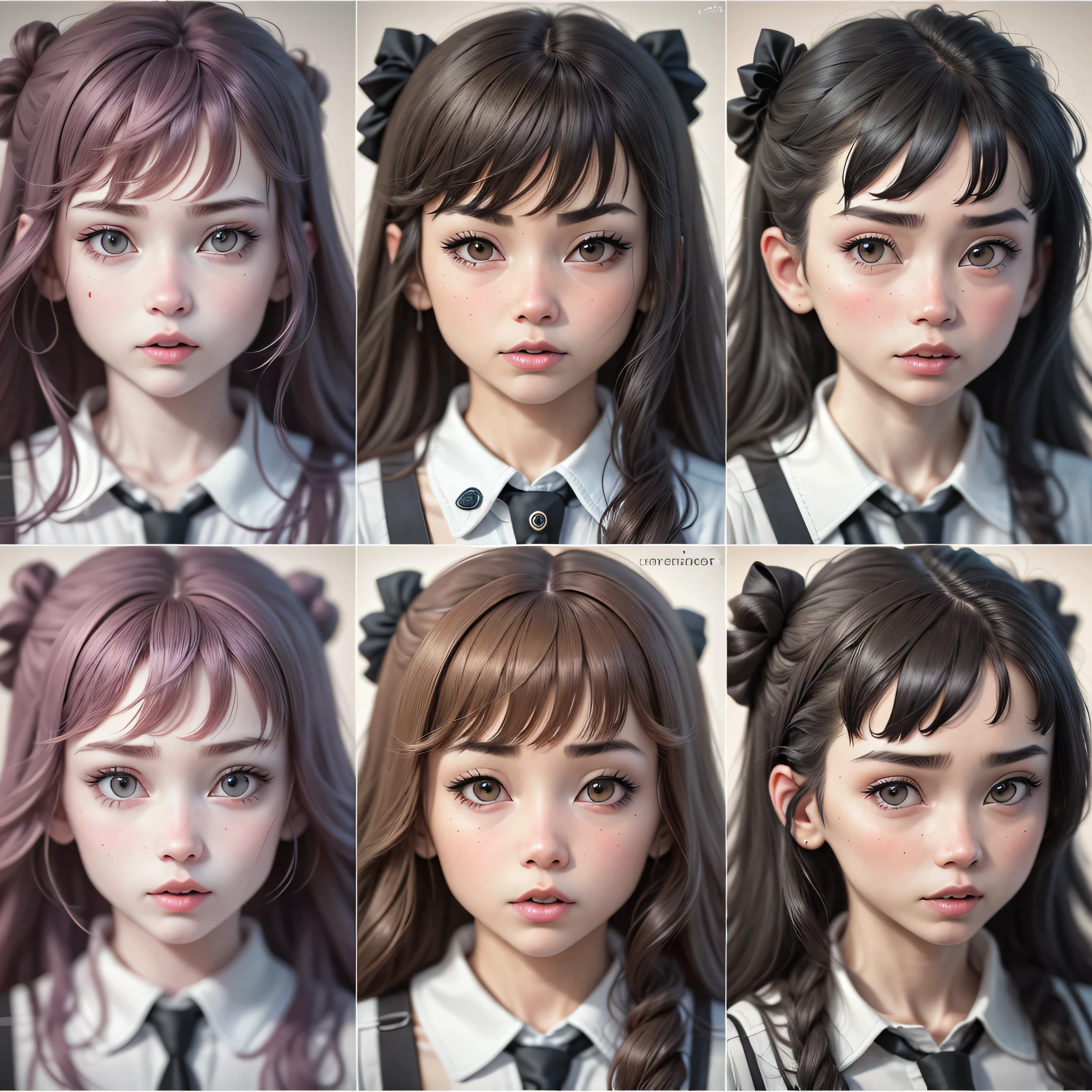 A closeup of a t girl with different expressions on her faces, facial expression, cute expression, different expression, facial expression, showing throat, facial expressions, full of expressions, detailed facial expressions, detailed facial expression, realistic facial expression, full of expressions, she has a beautiful expressive face, confused facial expression