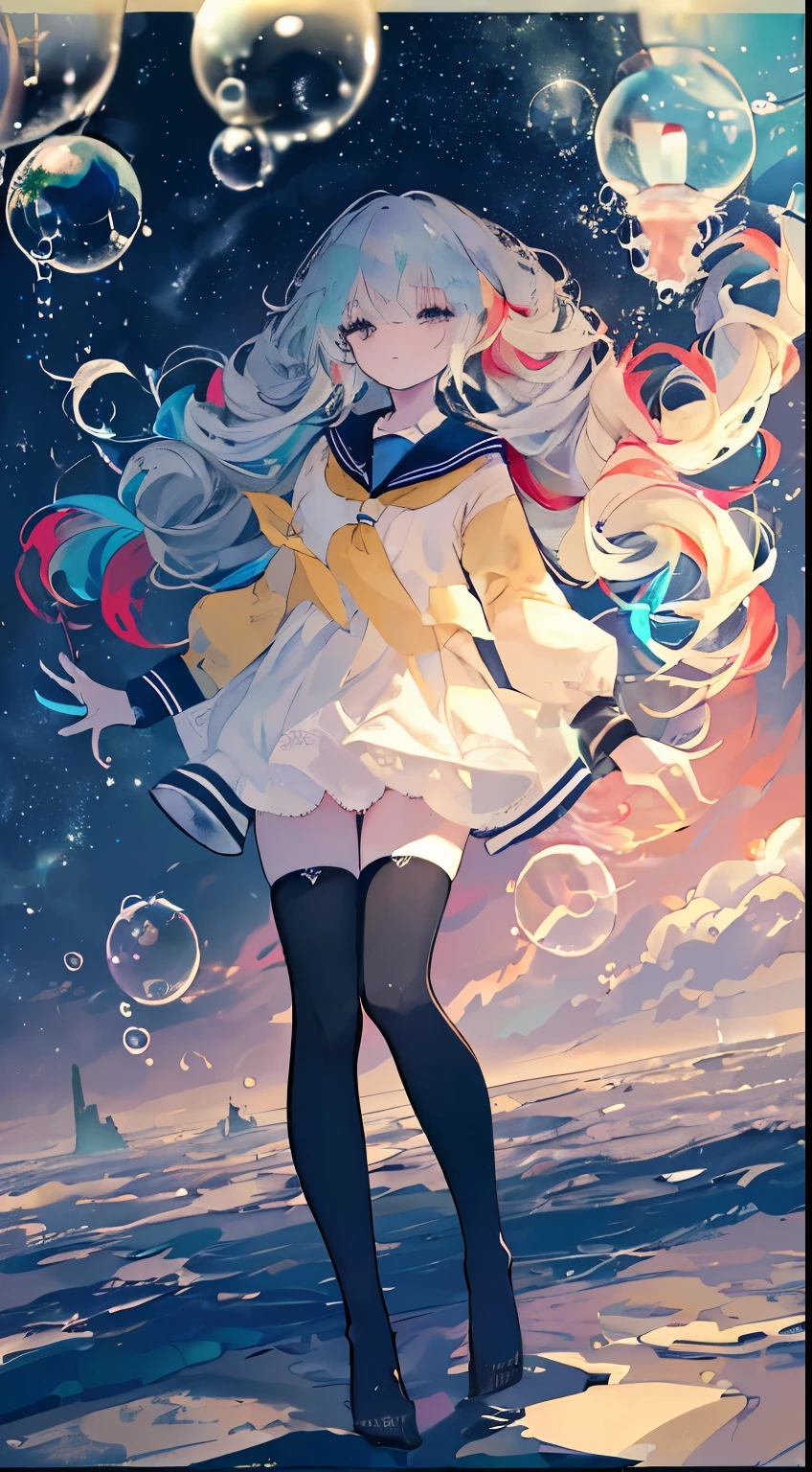 (masterpiece), (best quality), (official art, Extremely detailed CG unified 8k wallpaper), (Very detailed), ((Ridiculous)), 1 girl, medium shot, (Exquisite facial features),(Sefuku:1.3) ((SFW)),((clean hands)), ((White stockings without shoes)),aqua eyes, Color contact lenses, There are stars in the eyes, (((Colorful bubbles))), Multicolored Glass, (The album cover)