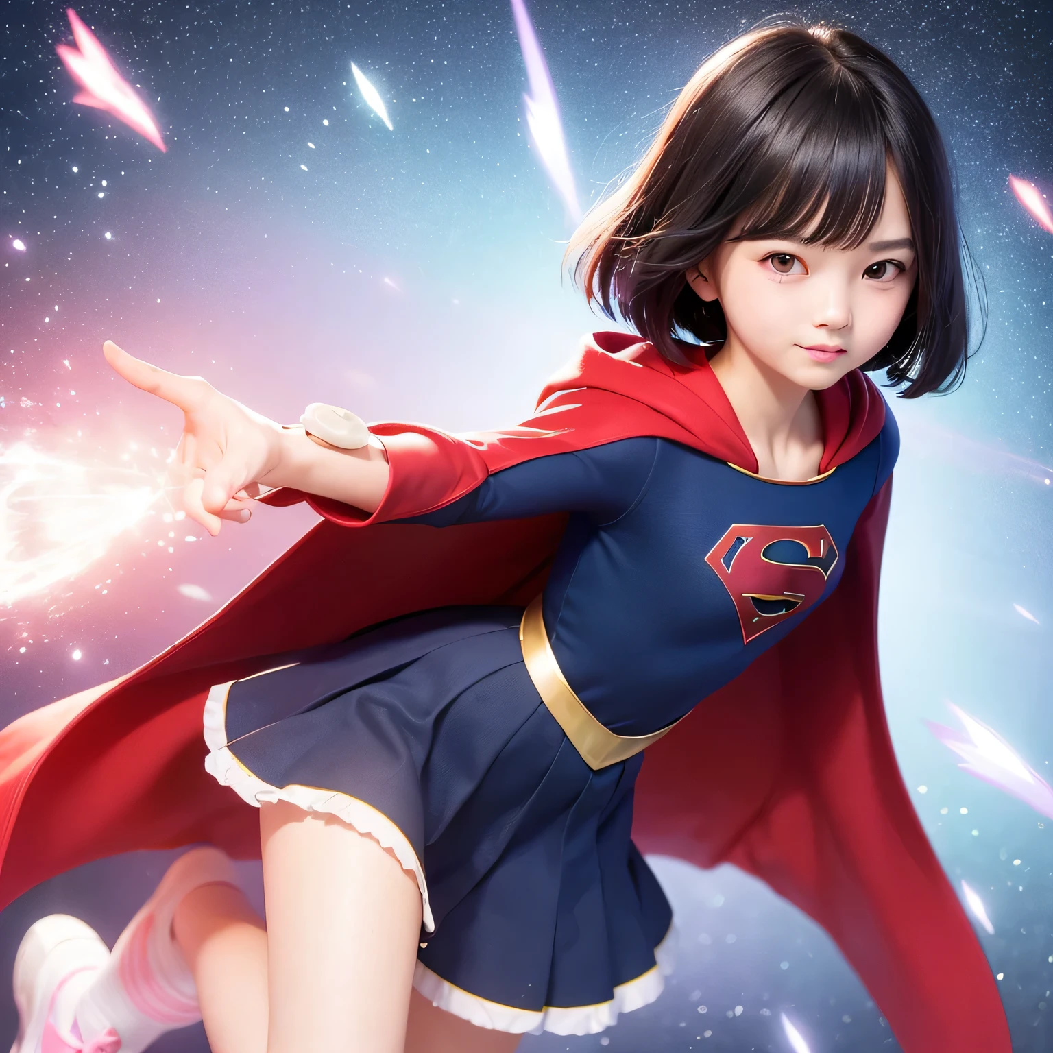 Easter piece where elementary school students wear Supergirl clothes、highest quality、Spreading black hair、bob cut with trimmed ends、(flat chest)、lolicon、red cloak、short sleeve、pink heart shaped particles、space background、whole body、smile、High leg、thin crotch、attack