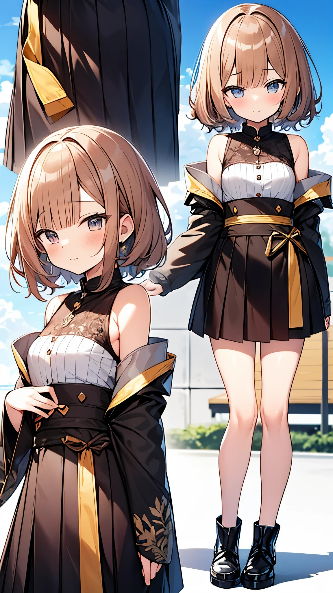 (highest quality, Highest image quality, masterpiece, 8K, best work, detailed face, prompt is faithful), Japanese anime style, 1 girl_standing, A sexaroid takes the place of a younger sister., 8-year-old, cute, personality is lively, Sister attributes, small face, short brown hair, A and a small girl with an immature body, model body shape, Medium chest, Idol clothes that fit_very short skirt_Detached fitted sleeves, cute笑顔, One of them looks exactly the same and sleeps next to me., whole body, outdoor, nsfw