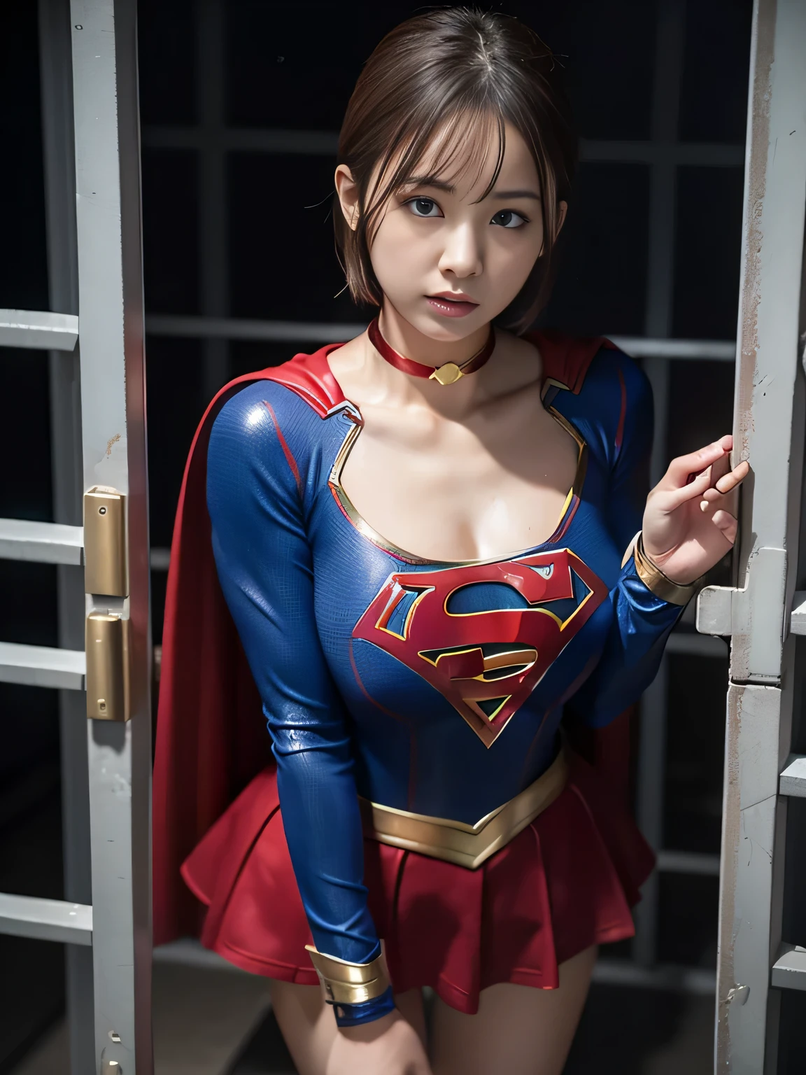 masterpiece、supergirl costume、short hair、barefoot、big and full breasts、Crisis situation、prison、in a cage、imprisonment、Sweat、spread your legs、handcuffs、shiny、looking at camera、Seduce、choker、long sleeve、red sexy pose、POW camps