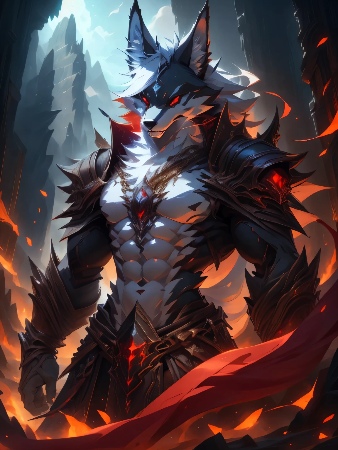 male, furry, Coyote anthro, solo, white fur, red eyes, (Realistic eye details 1.2), V0id3nergy, abs, Masterpiece, dramatic lighting, soft lighting, day, highly detail, Hair coiled, epic fantasy art style, epic fantasy digital art style, anatomically correct, accurate, UHD, 1080P