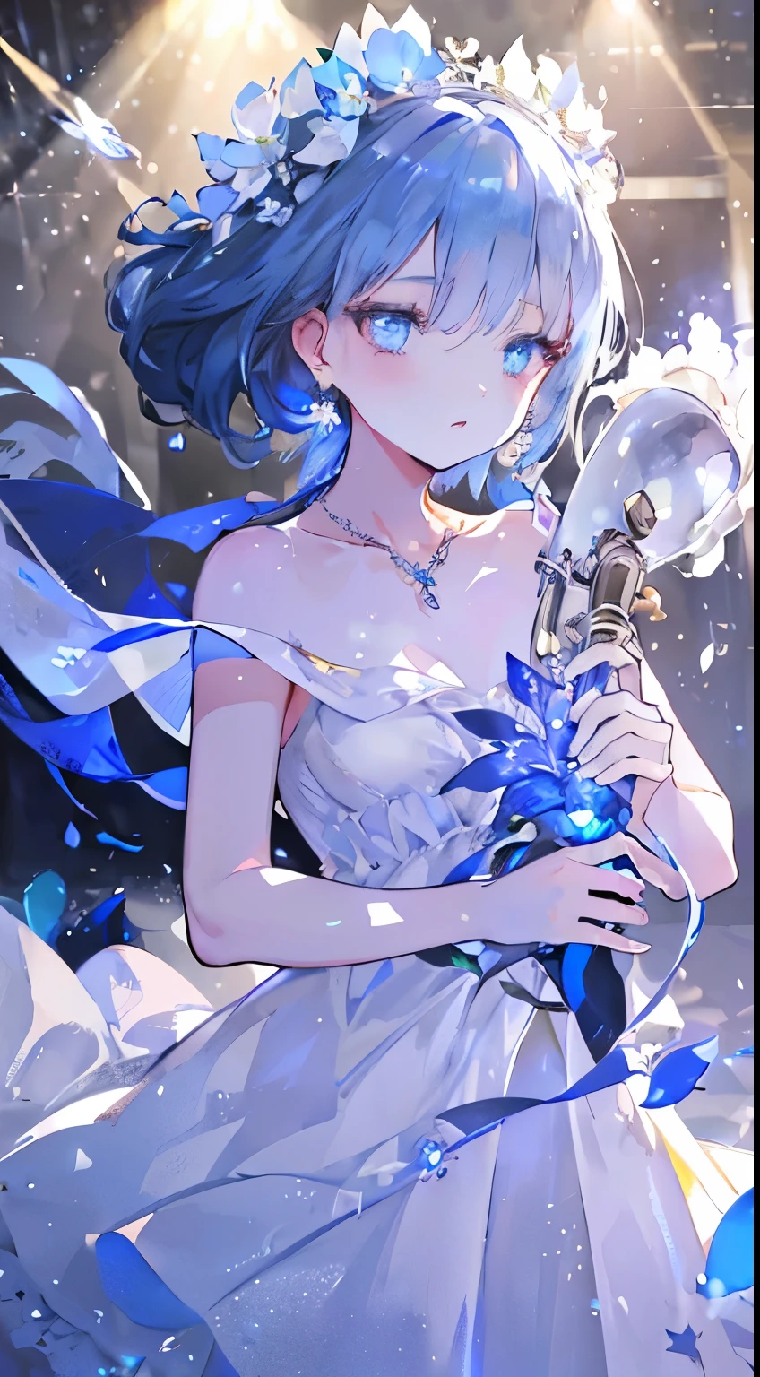 masterpiece, best quality, illustration, saxophone blue, platinum earrings, platinum necklace, white dress, 1 girl, Lovely, (Dynamic lighting:1.2), light, Exquisite facial features, delicate eyes, sharp pupils, realistic student, depth of field, Bokeh, sharp focus, (Super detailed, bloom, glow:1.4), many little gems