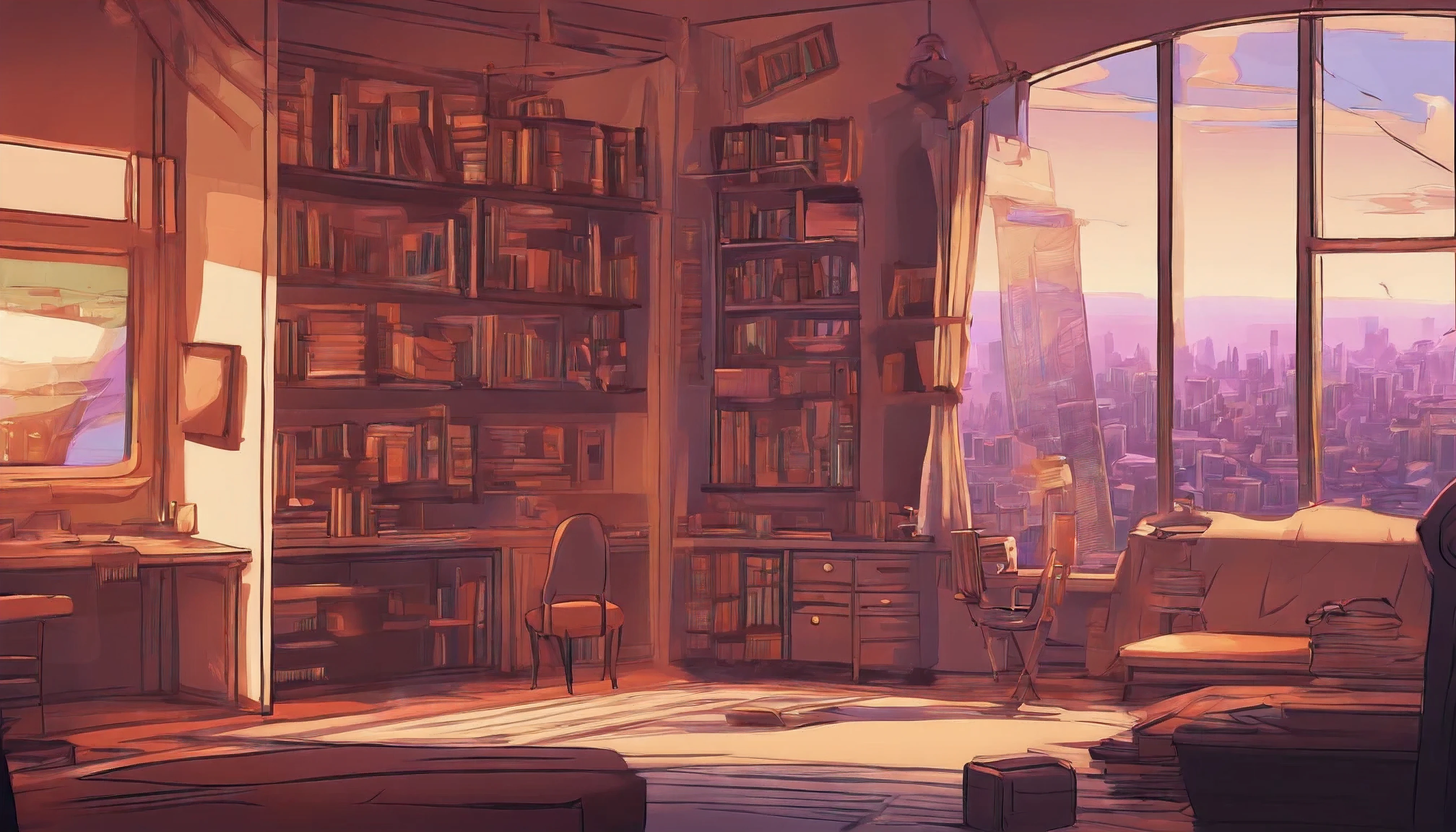 An illustration of a room with a city view, um quarto de um artista vivo e animado que faz o seu melhor, multado detalhado, aconchegante, quarto limpo e limpo
