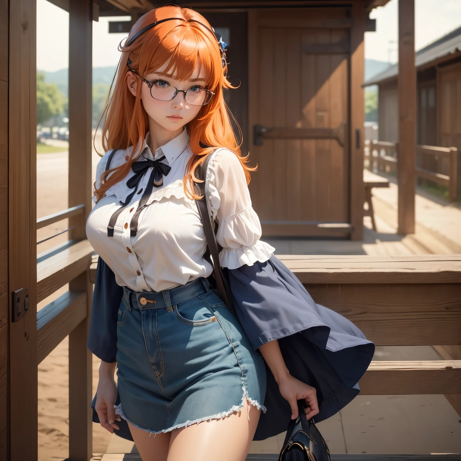 8k, masterpiece, best quality, realistic, higly detailed, cowboy shot, 1girl, solo, Itsuki Nakano, serious looking girl, medium-length hair, expressive ahoge, reddish-orange hair colour, a pair of star-shaped hairpins near both of her eyes, dark blue eyes, average height, well-endowed figure, wears glasses, cute, Summer Clothes