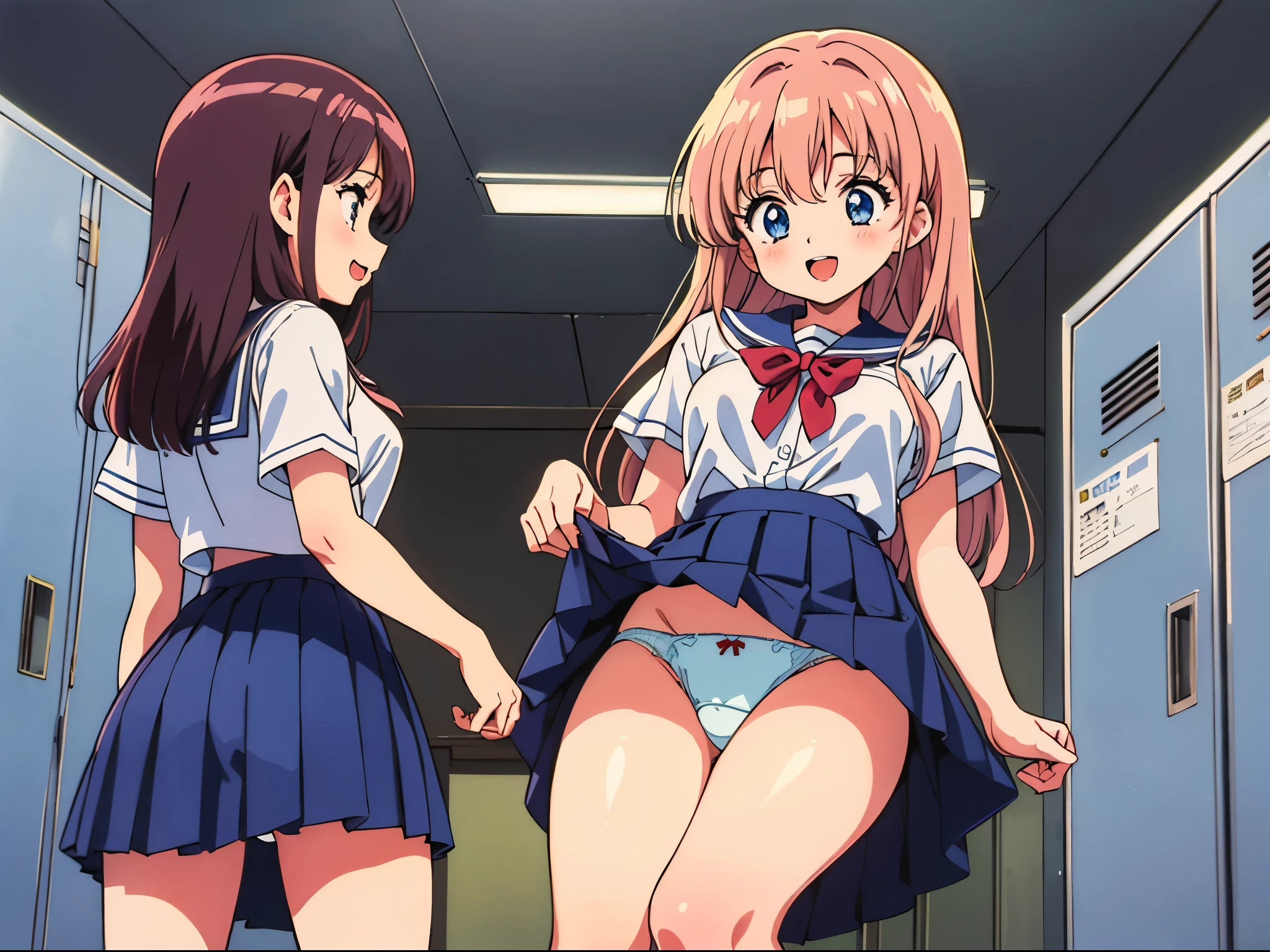 best quality, ultra-detailed, high resolution, multiple girls, harem, medium breasts, various hair, various hair color, white school uniform, blue pleated skirt, bra, panties, (1990s \(style\),retro artstyle,1990s anime cels style), locker room, from below, (looking away:1.2), talking, open mouth, smile, thigh focus