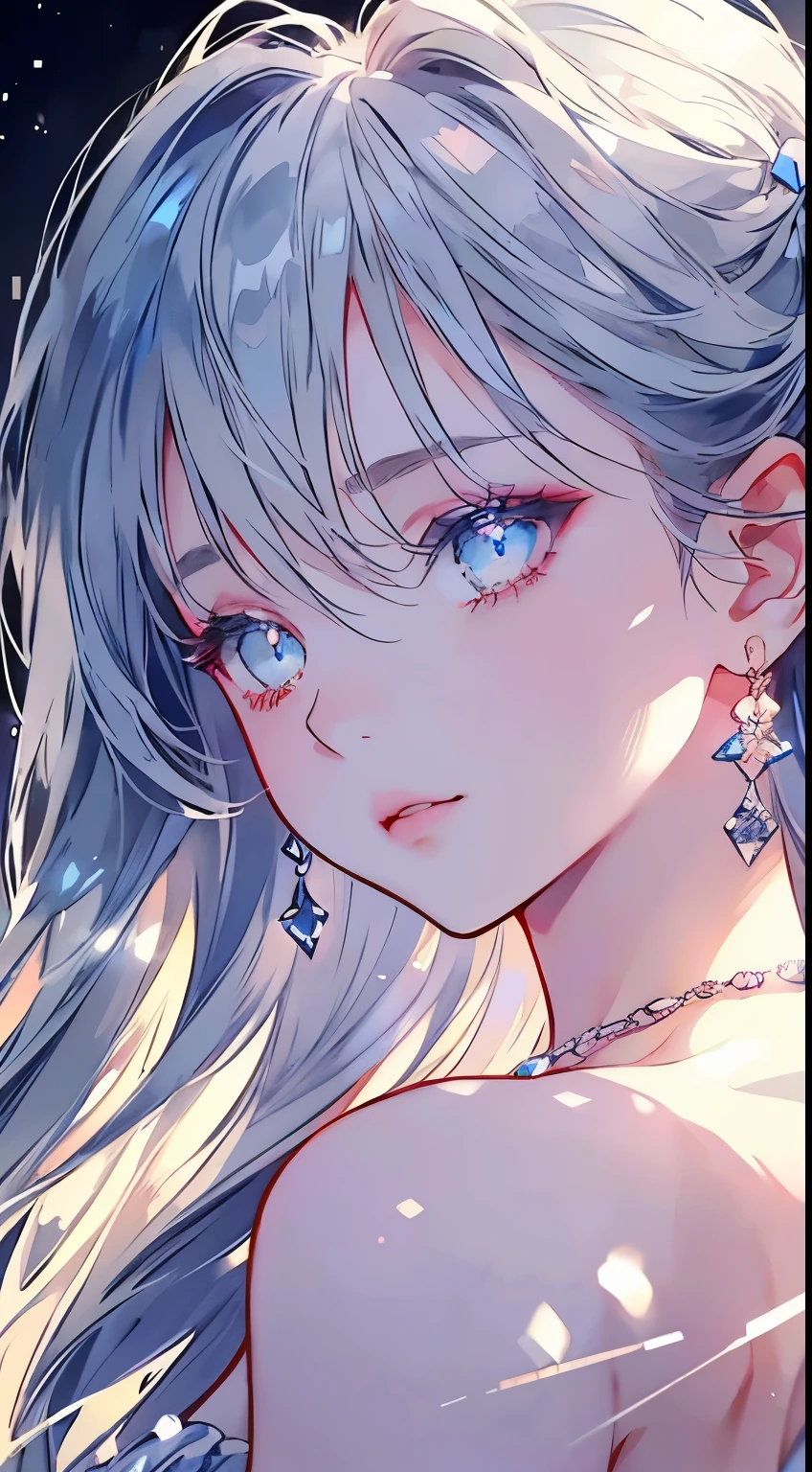 masterpiece, best quality, illustration, saxophone blue, platinum earrings, platinum necklace, white dress, 1 girl, Lovely, (Dynamic lighting:1.2), light, Exquisite facial features, delicate eyes, sharp pupils, realistic student, depth of field, Bokeh, sharp focus, (Super detailed, bloom, glow:1.4), many little gems