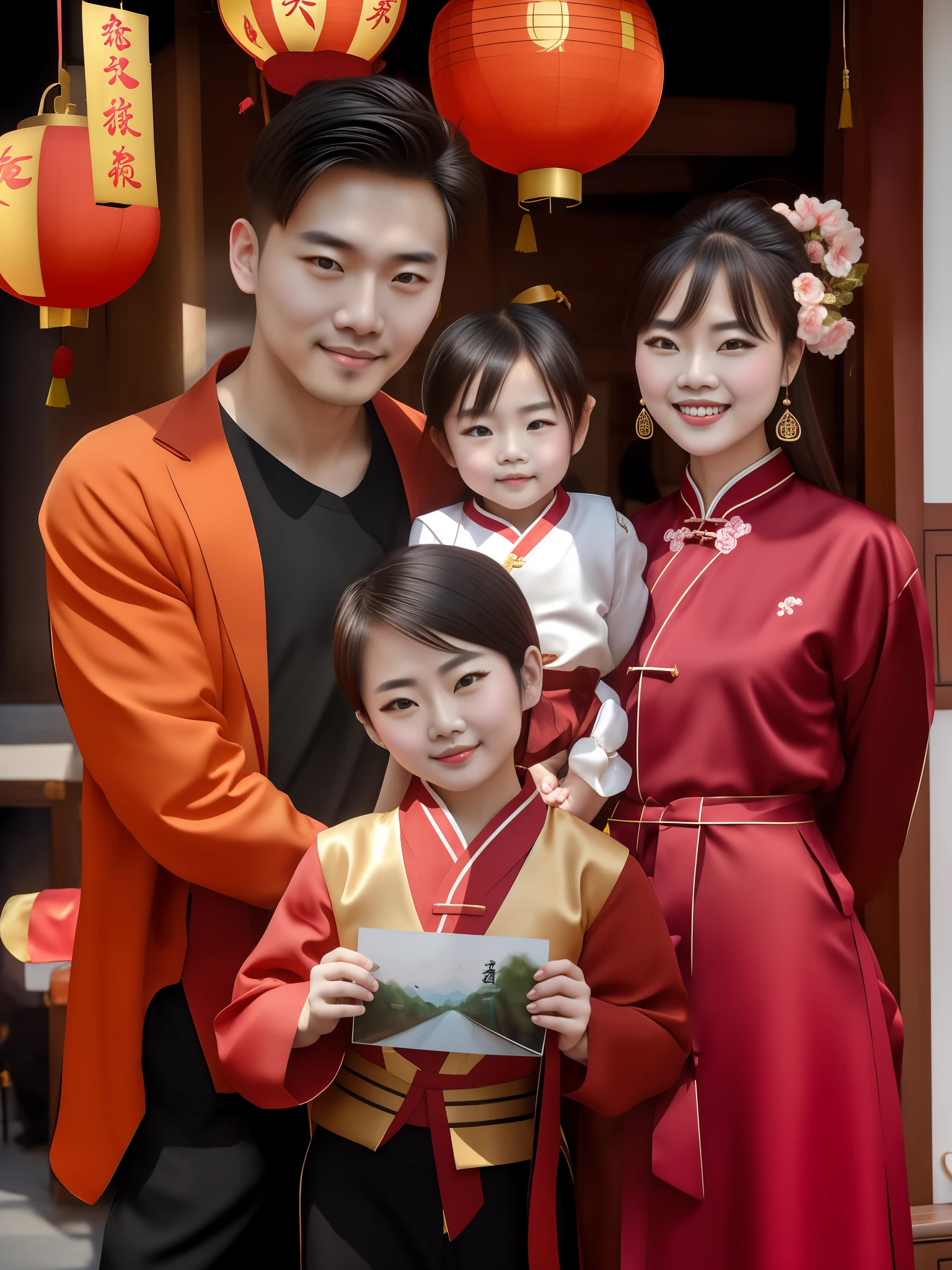 Two people and one posing for a photo, happy family, Wearing ancient Chinese clothing, Paired with ancient Chinese costumes, clothing, family photo, Cai Xukun,  portrait, Wearing red cheongsam, Portrait shoot, traditional Chinese, wearing red clothes, Jia, ao dai, photo,Chinese clothing， 