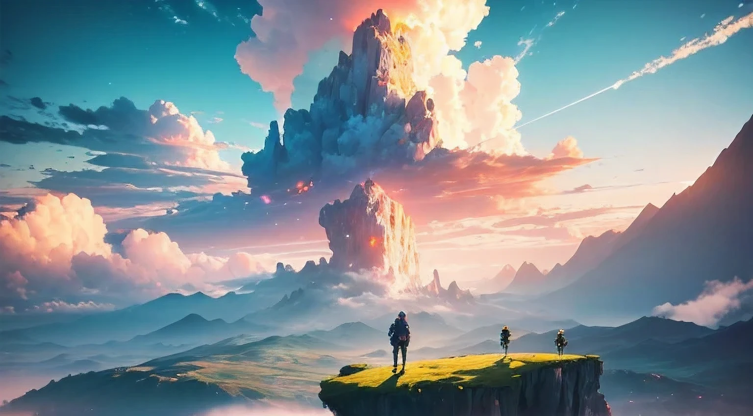 (8K anime:1.2),an epic starring a man with teleportation powers,(epic animation style), with incredible visual effects,(futuristic background),an exciting story. (male protagonist,superpower:teleportation,forward animation,extraordinary fx,futuristic backdrop) 1 boy, white hoodie, clouds background, giant cubes in air, standing on a giant cube, looking up, facing away, mana cubes, 4k, high resolution, 4k, 8k, hd, full colour, 4k, 8k, 4k, high definition