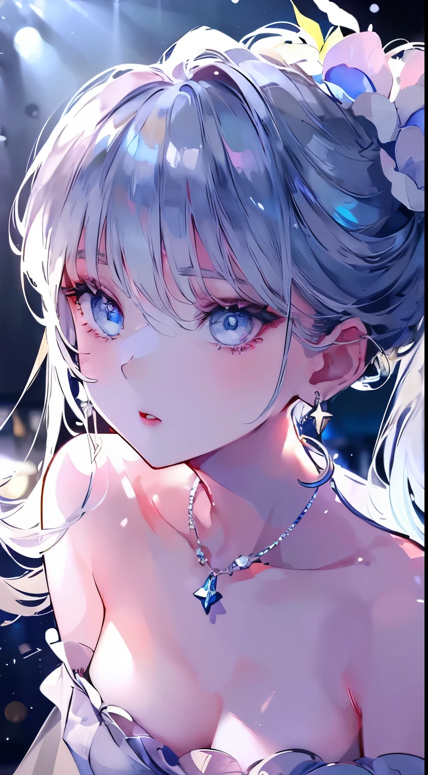 masterpiece, best quality, illustration, saxophone blue, platinum earrings, platinum necklace, white dress, 1 girl, Lovely, (Dynamic lighting:1.2), light, Exquisite facial features, delicate eyes, sharp pupils, realistic student, depth of field, Bokeh, sharp focus, (Super detailed, bloom, glow:1.4), many little gems