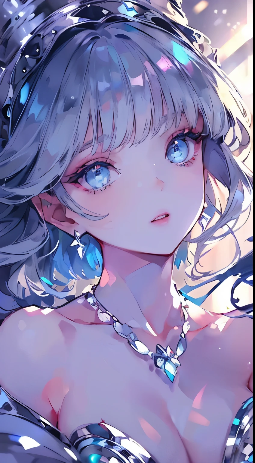 masterpiece, best quality, illustration, saxophone blue, platinum earrings, platinum necklace, white dress, 1 girl, Lovely, (Dynamic lighting:1.2), light, Exquisite facial features, delicate eyes, sharp pupils, realistic student, depth of field, Bokeh, sharp focus, (Super detailed, bloom, glow:1.4), many little gems