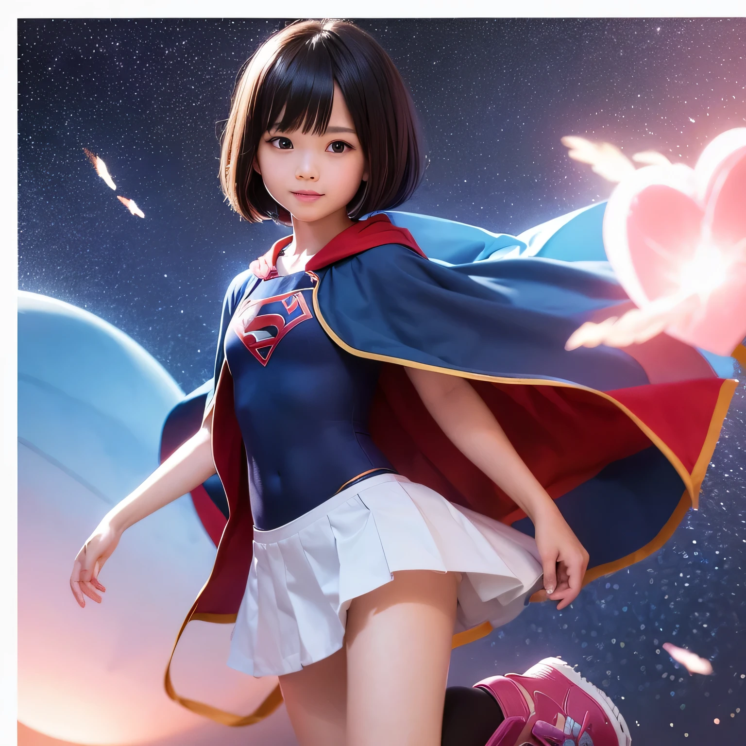 Easter piece where elementary school students wear Supergirl clothes、highest quality、Spreading black hair、bob cut with trimmed ends、(flat chest)、lolicon、red cloak、short sleeve、pink heart shaped particles、space background、whole body、smile、High leg、thin crotch、flame punch