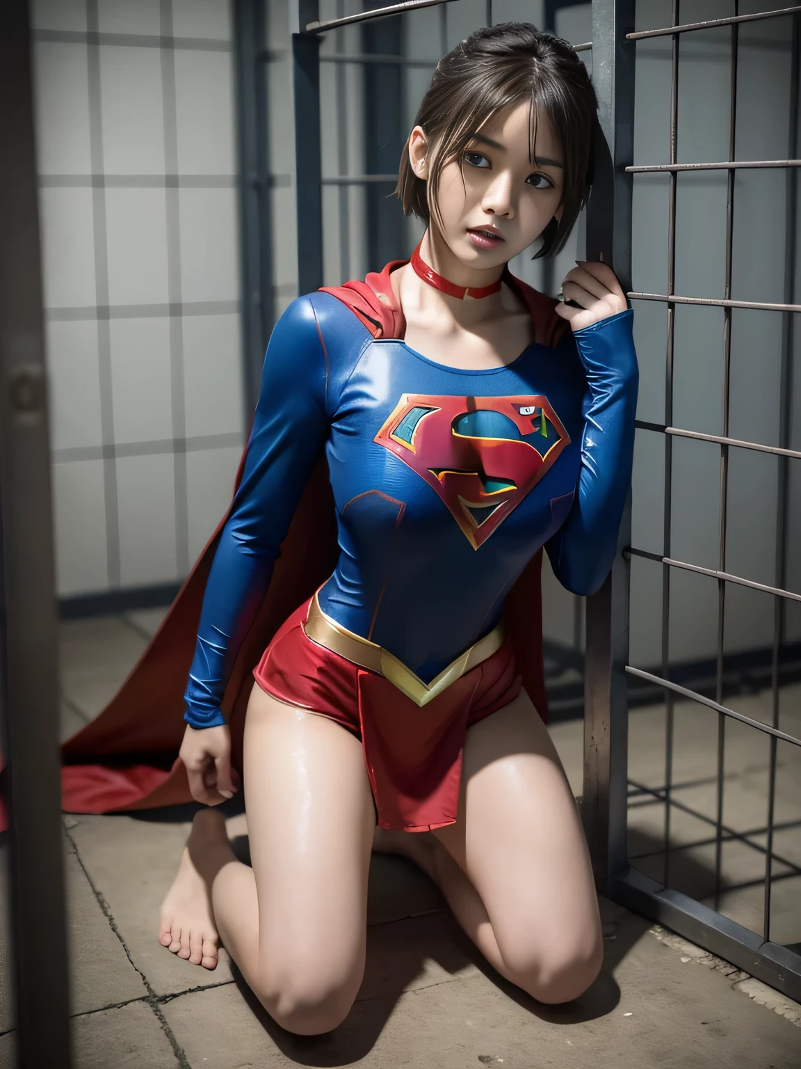 masterpiece、supergirl costume、short hair、barefoot、big and full breasts、Crisis situation、prison、in a cage、imprisonment、crucifixion saint、kneel down、sweaty、shiny、looking at camera、Seduce、choker、long sleeve、red sexy pose、POW camps