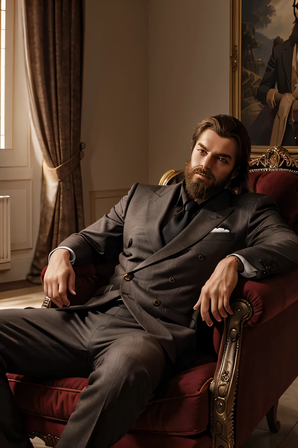 homme, trente ans, cheveux long entretenu, barbe, Costard, s'appuyer sur un fauteuil dans un grand, well lit villa, image animée 3D
