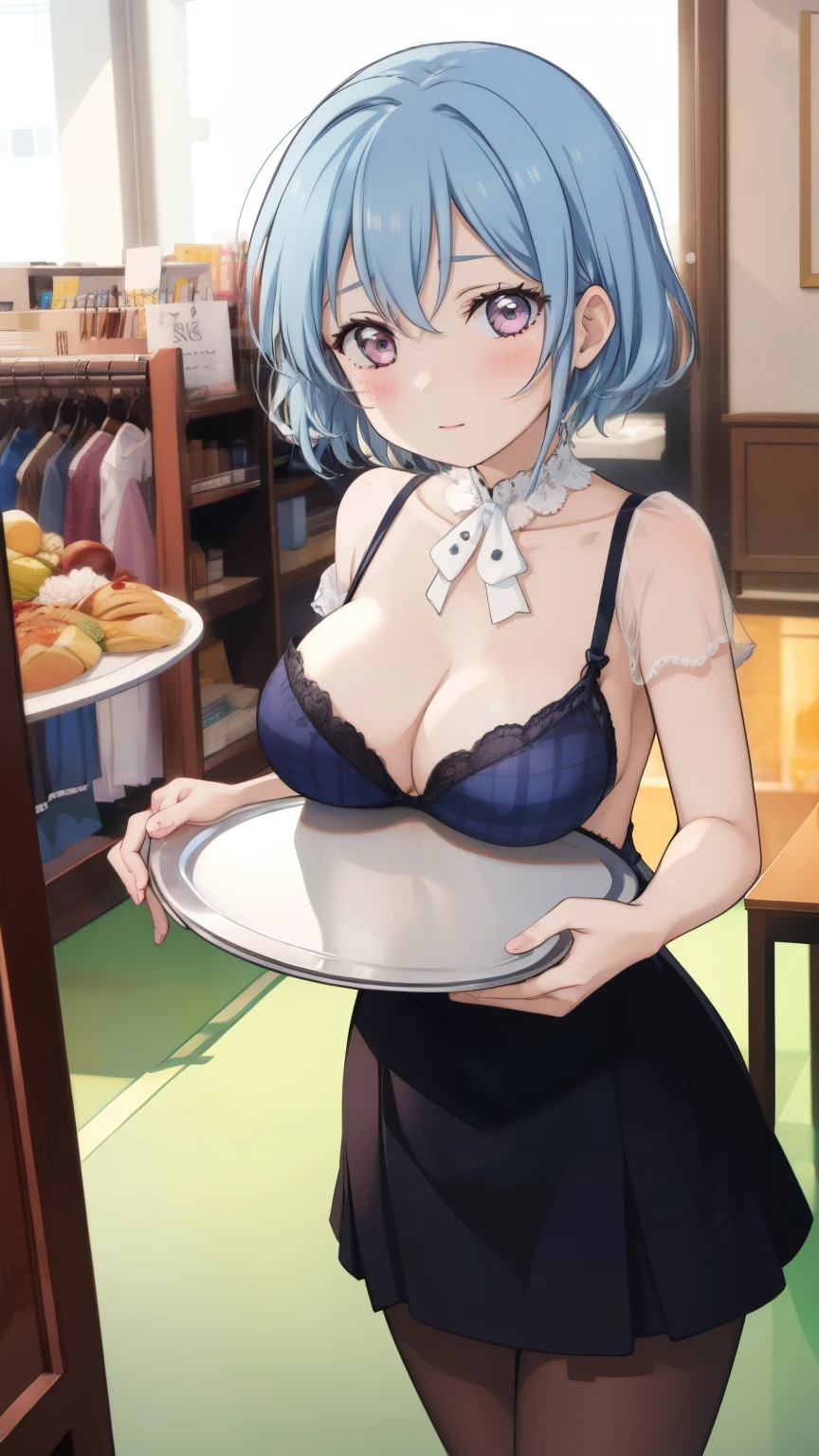 Again:zero's Againm、blue hair、short hair、table top、High resolution、lots of girls multiple girls、large crowd、cute lots of girls、big and full breasts、naughty body、underwear only、See-through、pink lingerie、throw、、whole body、Are standing、Look up at me、confused face、blush、black pantyhose、female shape'Private parts are clearly visible、I can see your nipples、white shirt、navy check skirt、micro mini skirt、very short skirt、Department store、shop、Many people々々々、in the crowd、bare chest、show your chest、from below、Low - Angle、while holding the tray、place the chest on the tray、Upper grade
