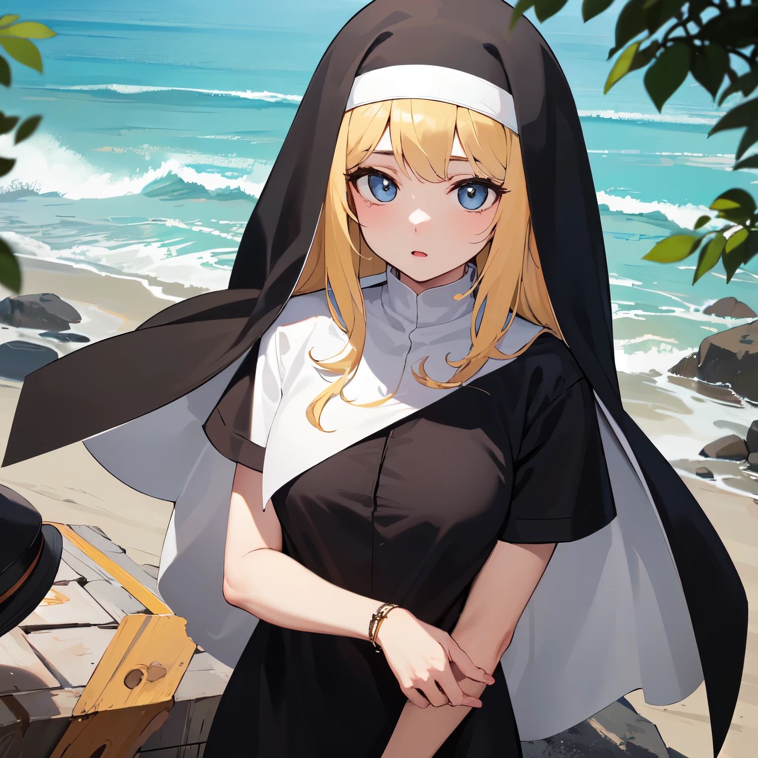 ((foto cruda)), ((Obra maestra)), Anthropomorphic humanoid AngelGirl with nun armor, detalle intrincado, sea behind, alas amarillas, hermoso, ojos y labios detallados