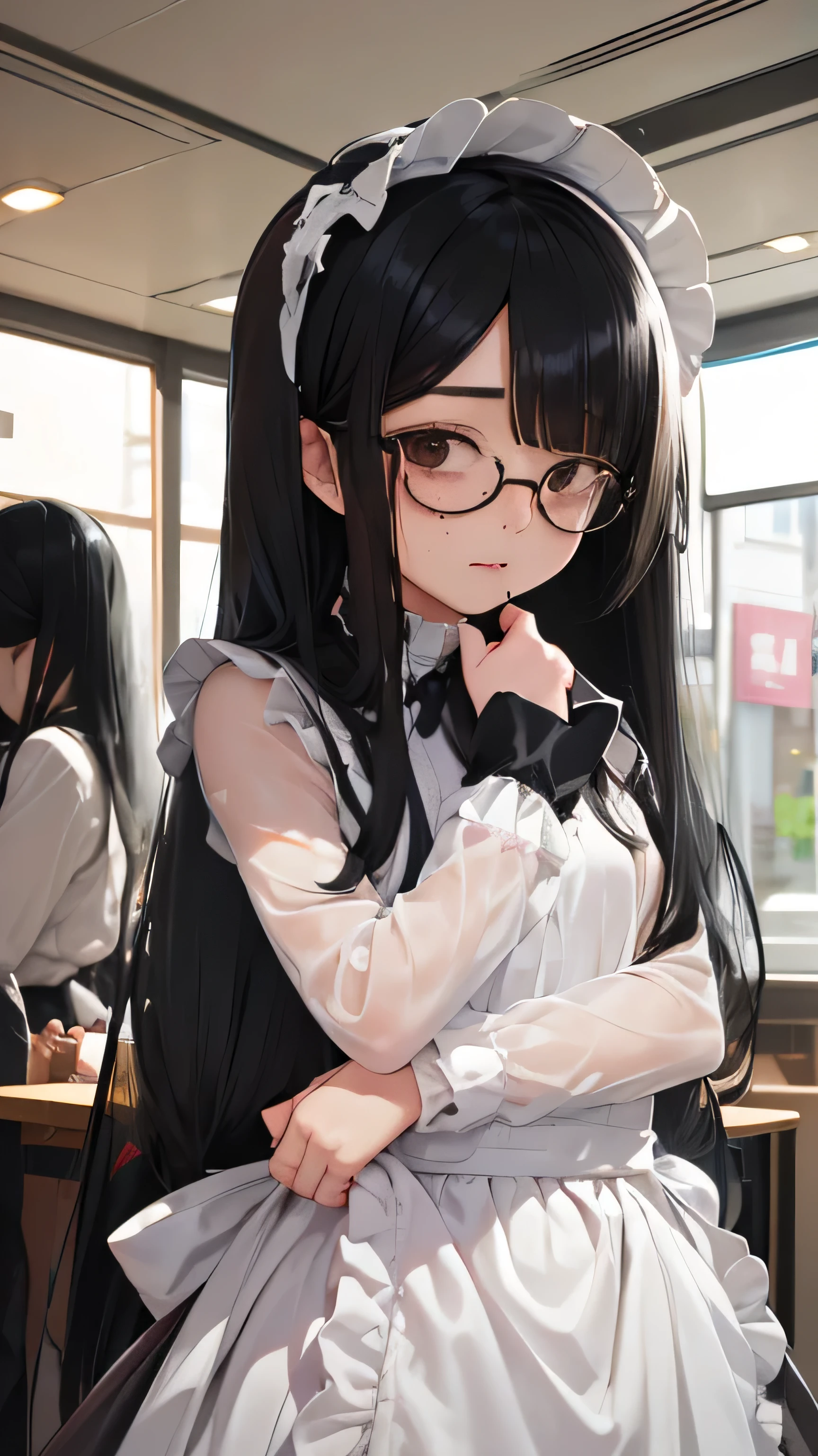 (((((lolita fashion store)))))(Very sweet pink lolita fashion:2、lace skirt、long skirt that bulges、bonnet、pure white dress、Lots of frills and ribbons:2)、(((15 year old junior high school girl、、low length、flat chest)))((((Eyes hidden by long bangs:2))))、((((freckles:1.3))))((((((long black hair:2))))))((((((black rim glasses:2 black eye))))))、、looking here、Standing position、,official art、High resolution、hyper detail、Upper body