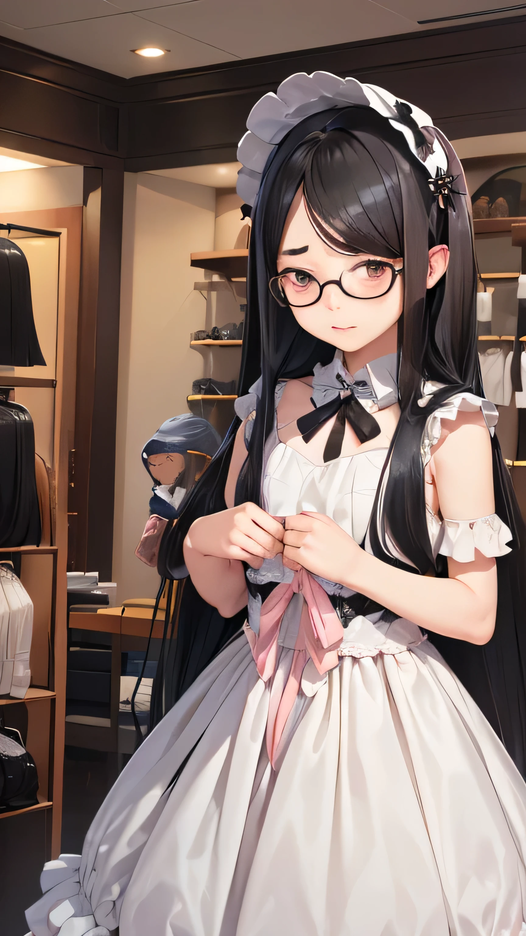 (((((ta fashion store)))))(Very sweet pink loliashion:2、lace skirt、long skirt that bulges、bonnet、pure white dress、Lots of frills and ribbons:2)、(((15 year old junior high school girl、、low length、flat chest)))((((Eyes hidden by long bangs:2))))、((((freckles:1.3))))((((((long black hair:2))))))((((((black rim glasses:2　black eye))))))、、looking here、Standing position、,official art、High resolution、hyper detail、Upper body